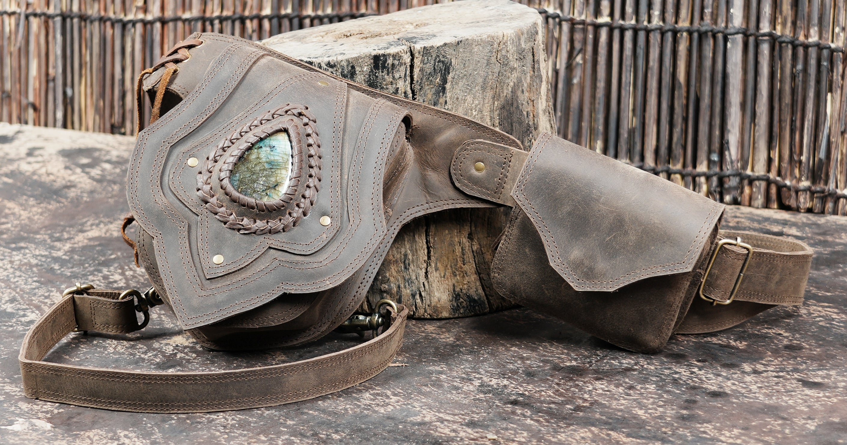 Leather thigh belt bag with rustic brown finish