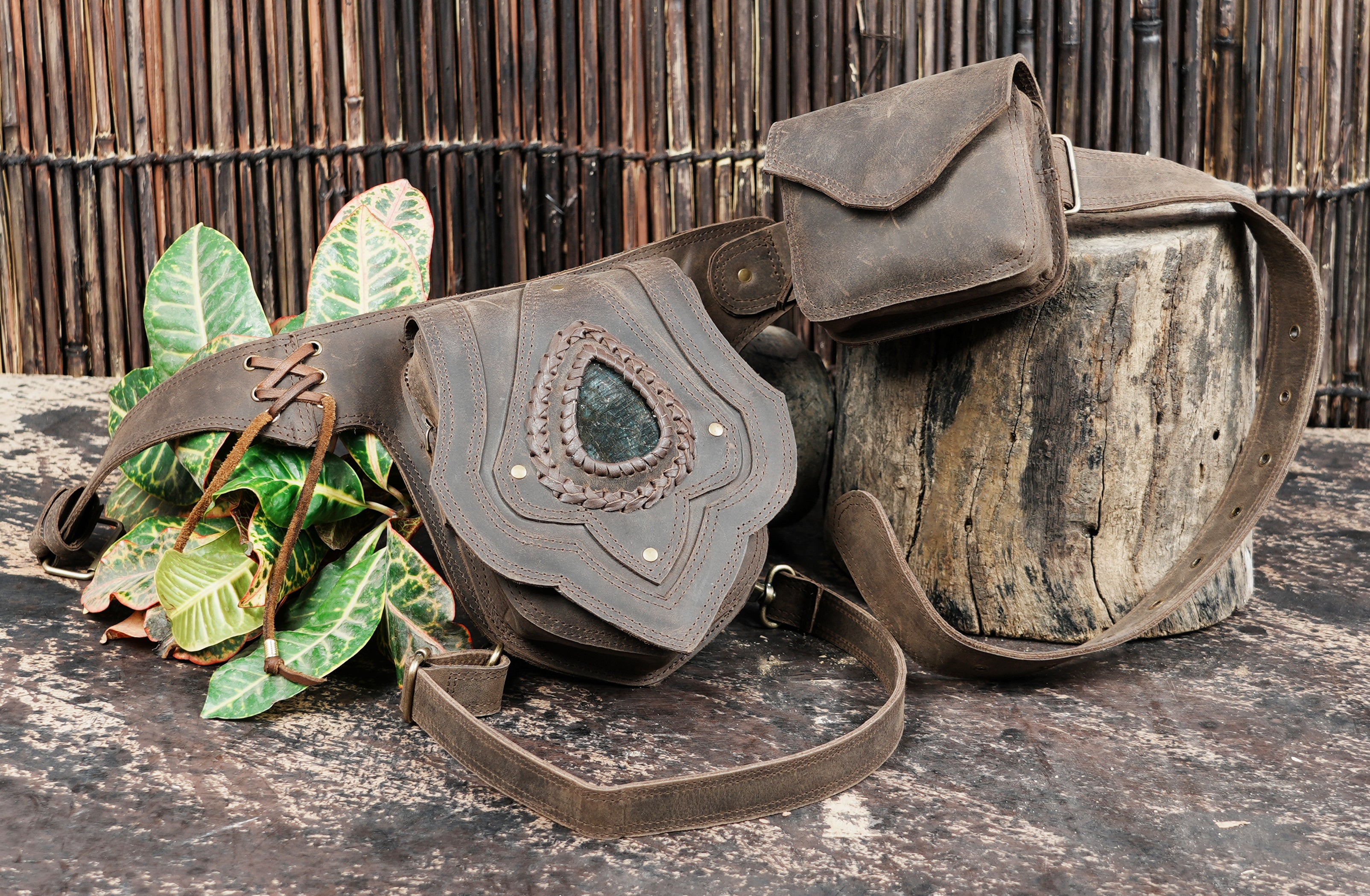 Leather waist thigh belt with secure pouch and buckle strap