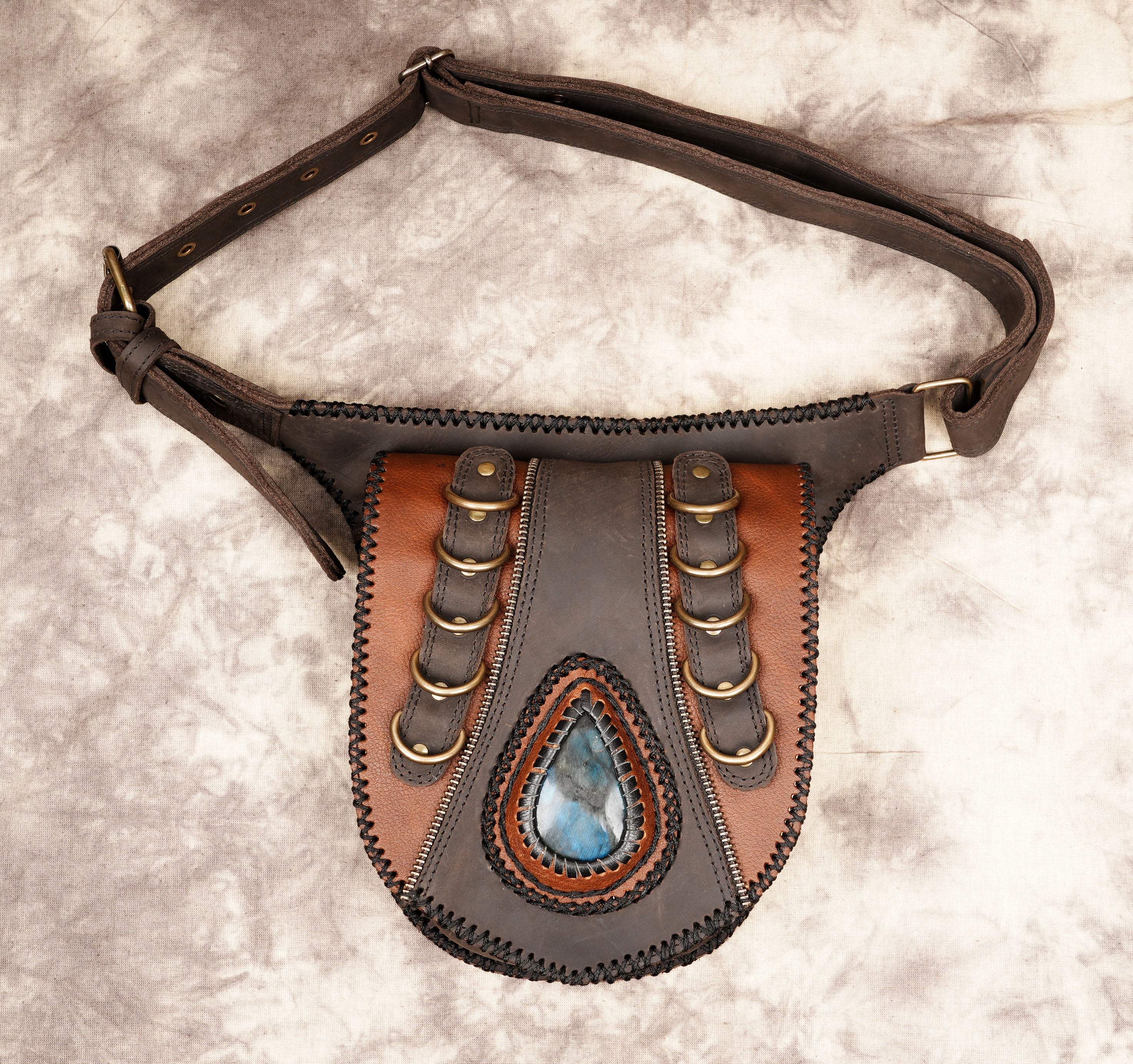 Leather Waist Belt with Labradorite Gemstone & Antique Brass Studs 50% Off worldwide free shipping