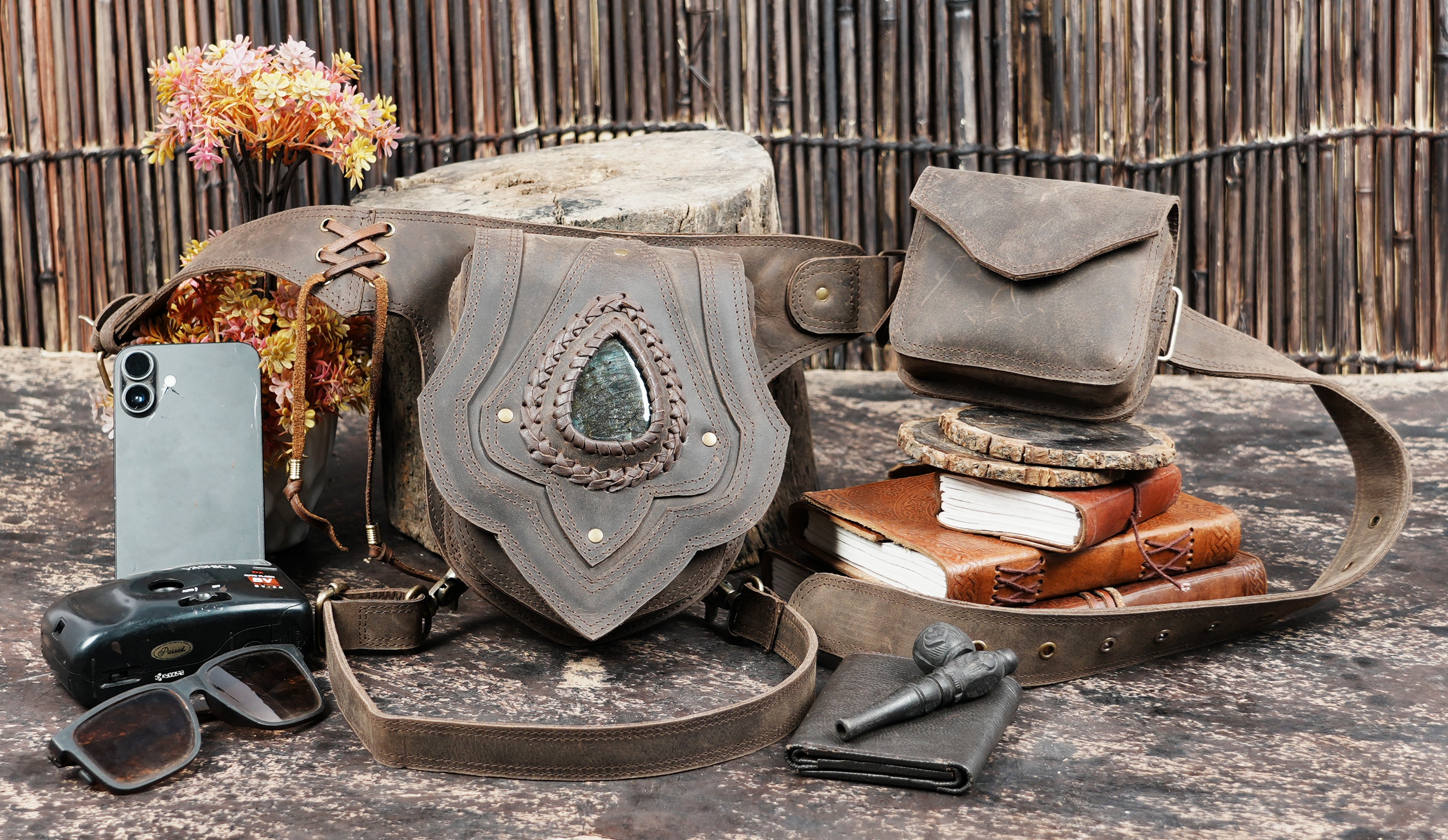 Leather thigh belt with stone accent and side pouch