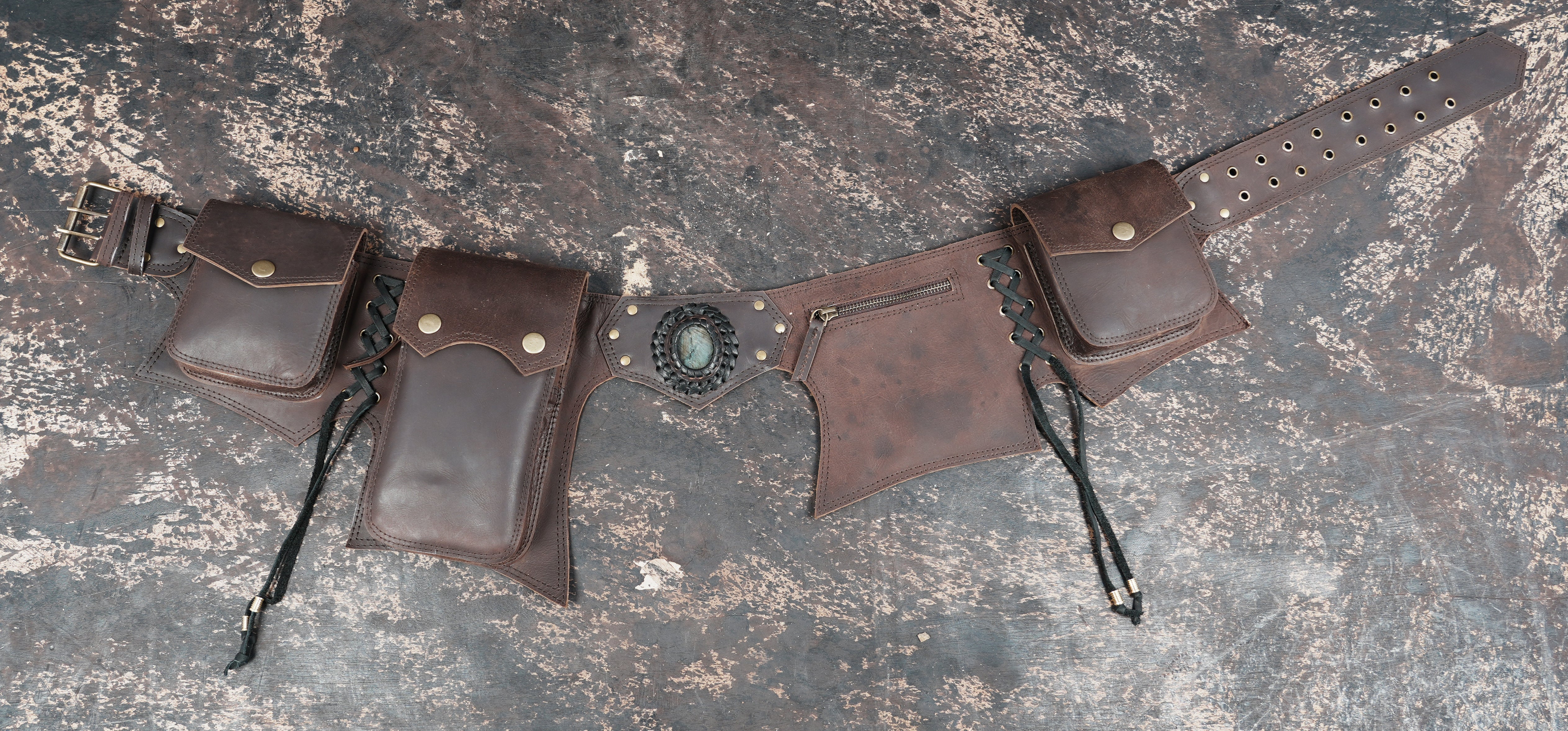 Black Leather Multi-Pocket Waist Belt with Gemstone Accent || Handmade Leather Utility Belt with Stone Centerpiece (LT/AB/WB/6158)