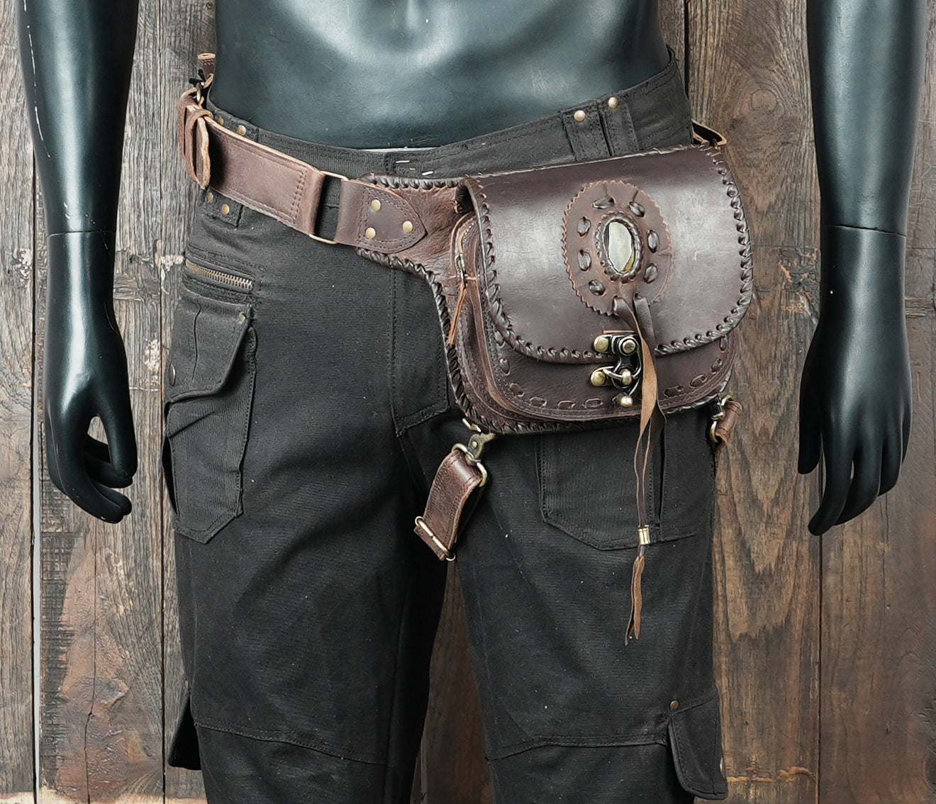Handmade leather waist thigh belt with front pouch || Brown leather thigh belt bag with front flap pouch (LT/AB/WBTS/6045)