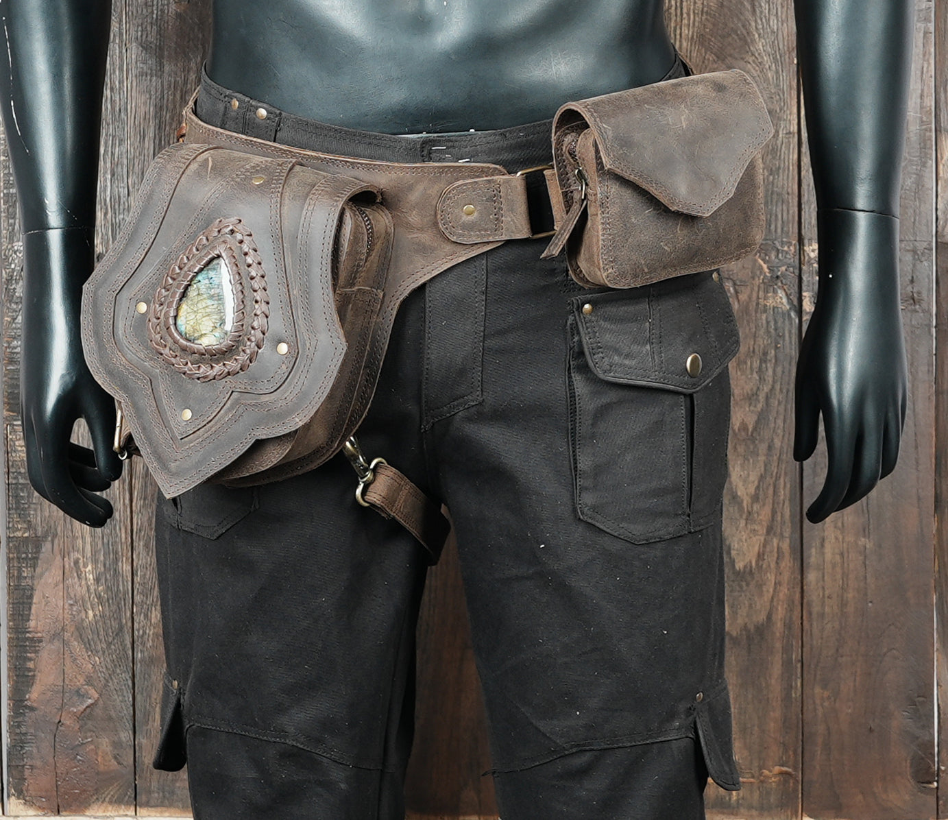 Brown leather waist thigh belt with bohemian look
