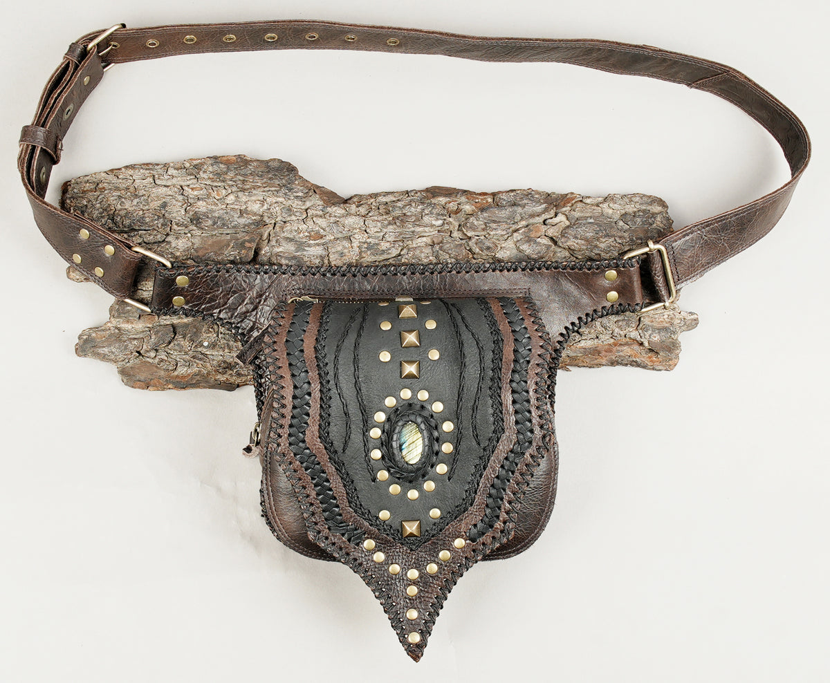 Unique handmade leather waist belt with stone decoration