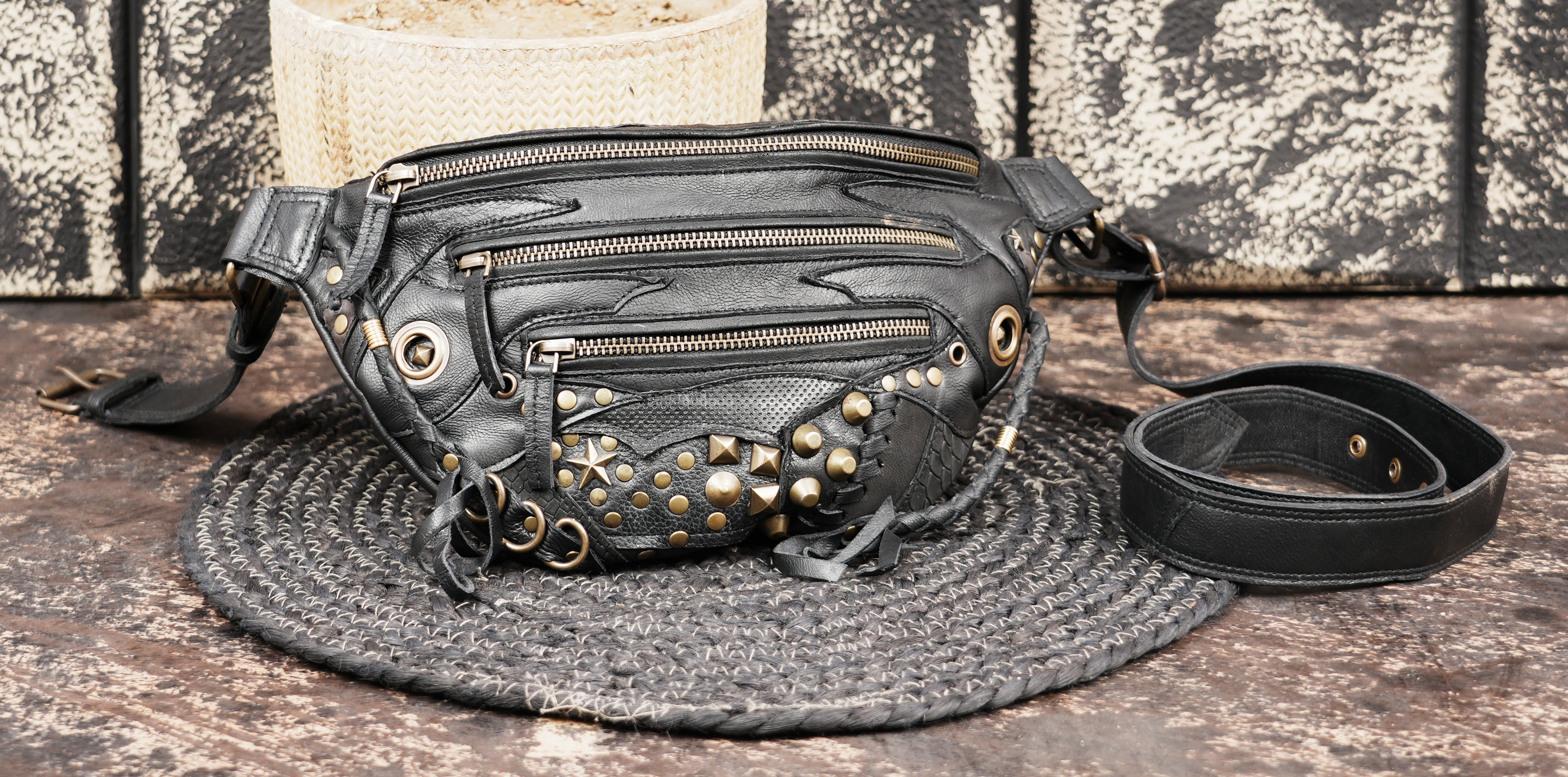 Premium black leather shoulder belt bag with multiple zipper pockets