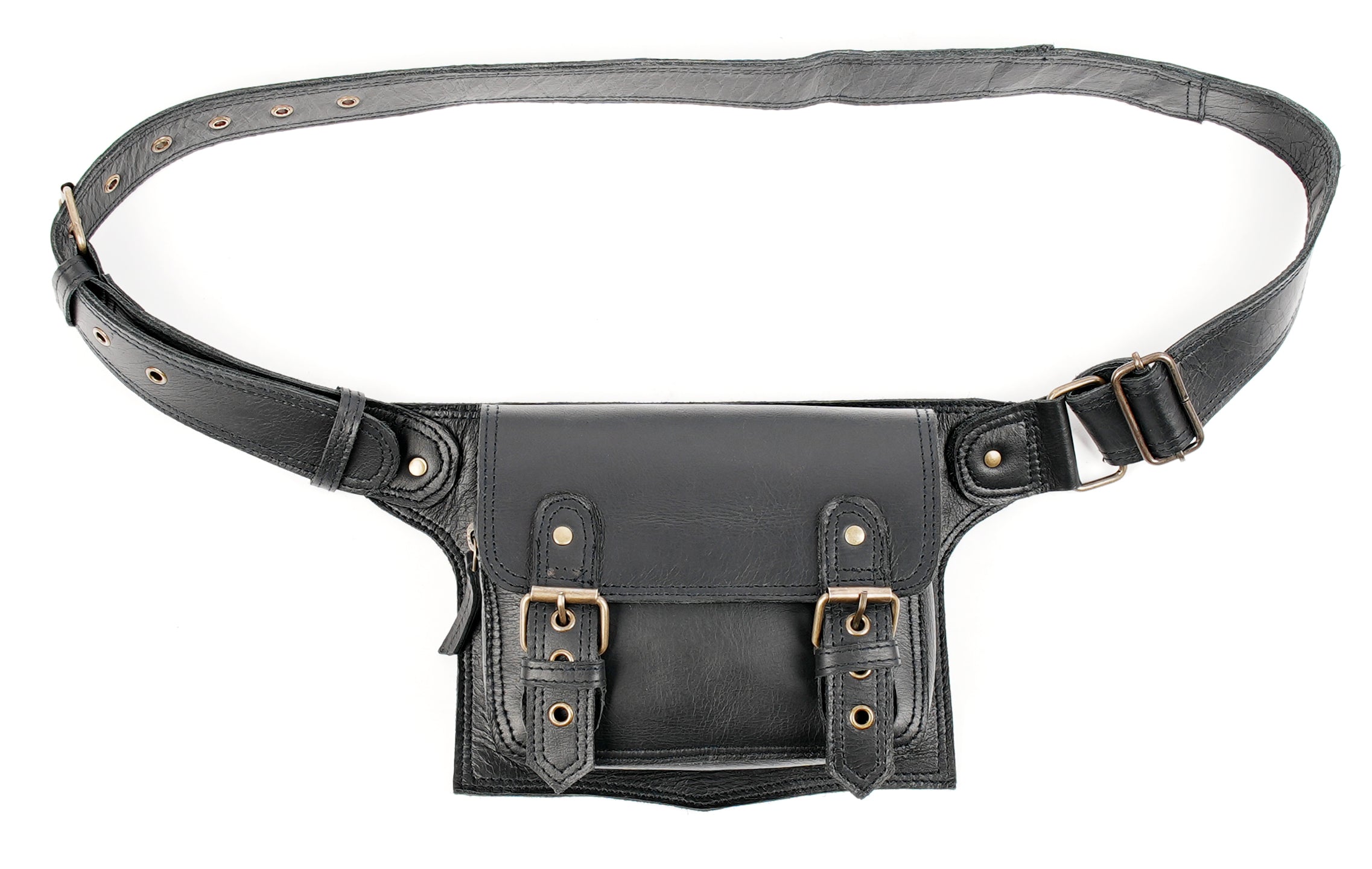 "Minimalist black leather hip pouch for travel and festivals"