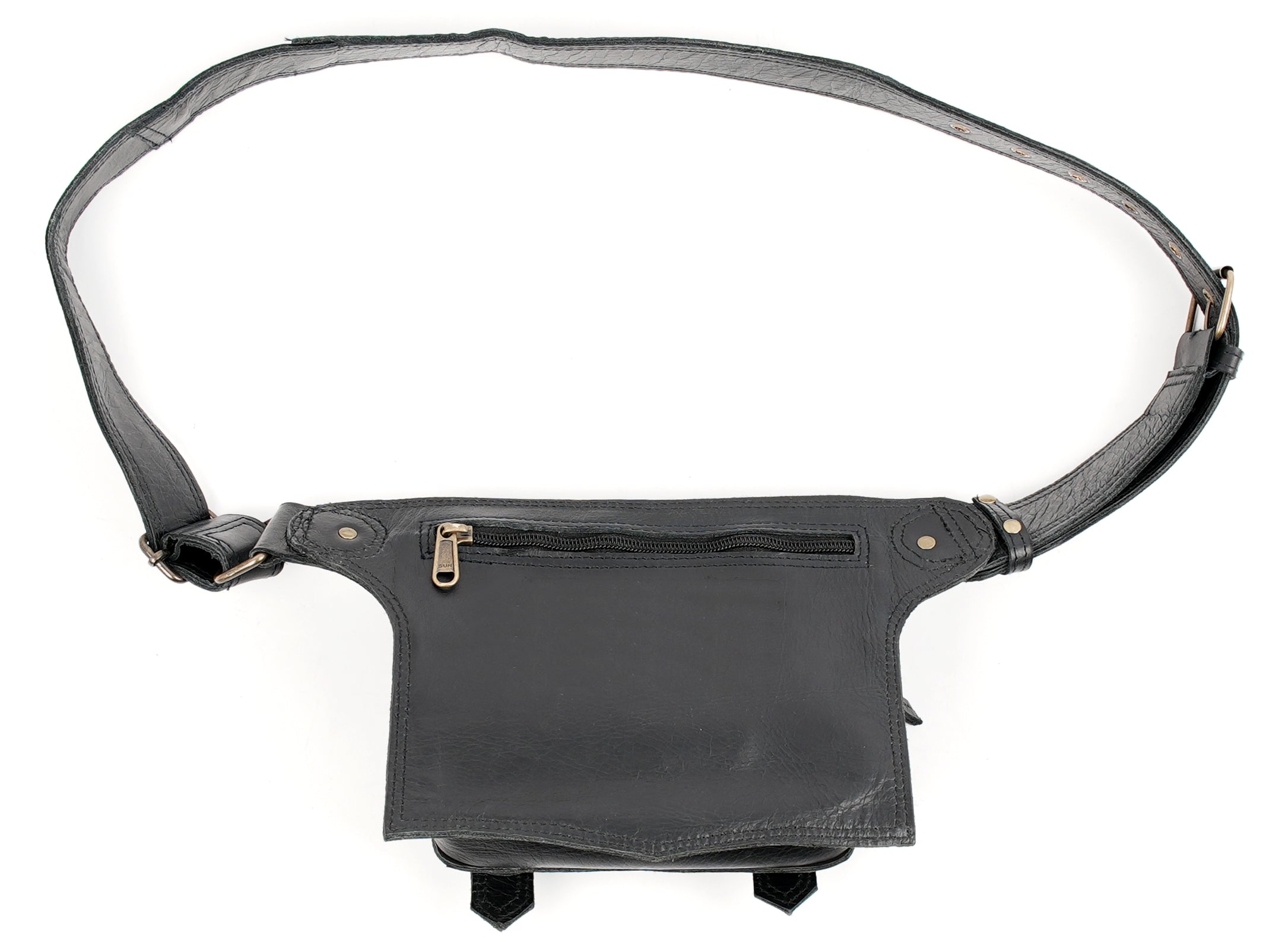 "Durable leather waist bag with secure double-buckle design"