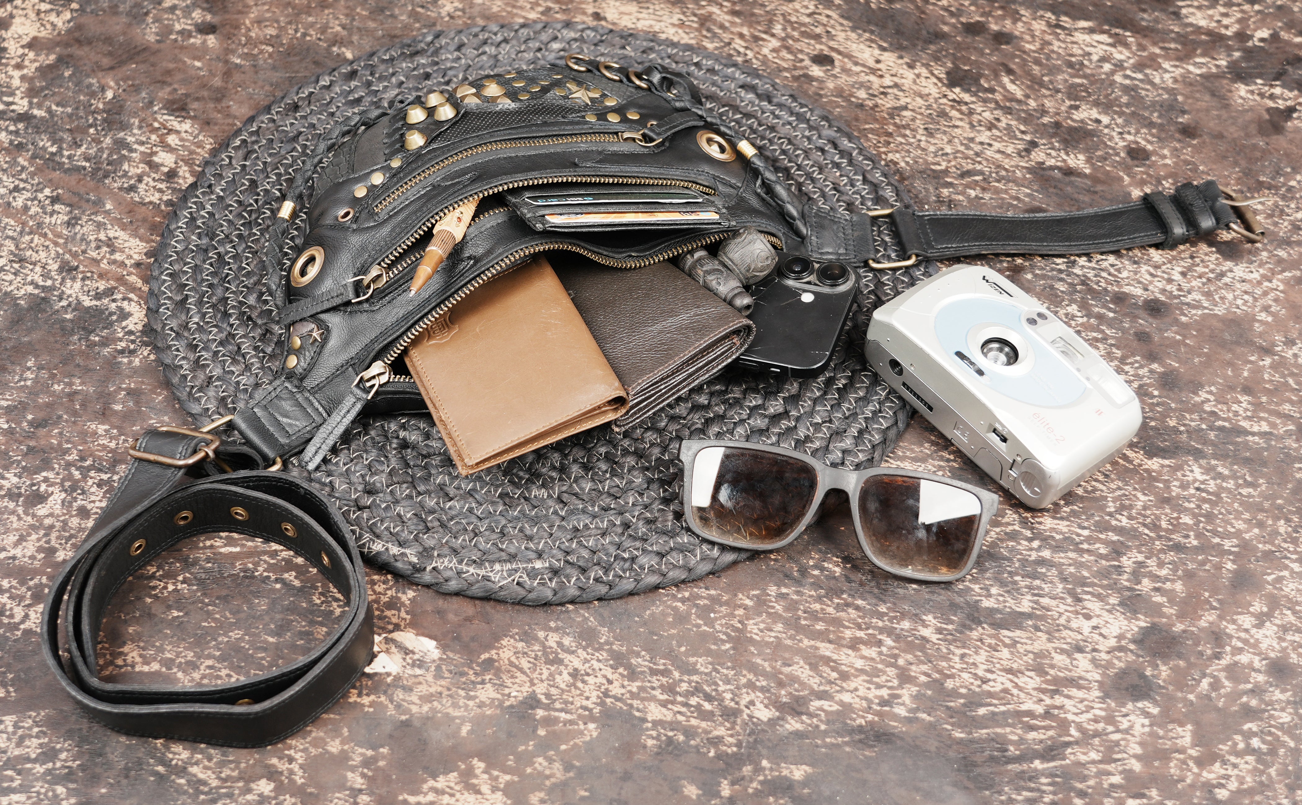 Black leather utility shoulder belt with adjustable strap