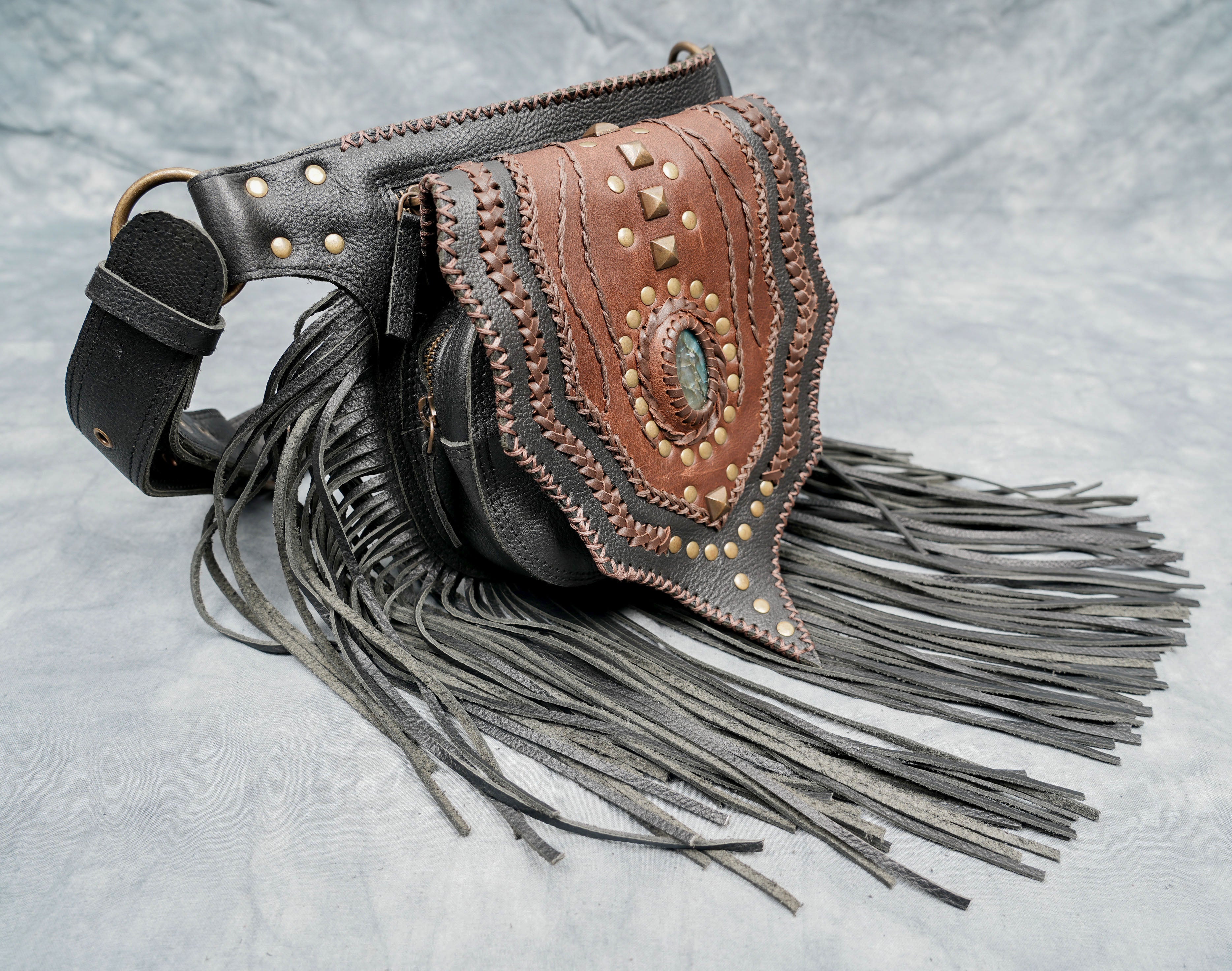 Leather Waist Belt with Frills and Labradorite Gemstone 50% Off worldwide free shipping