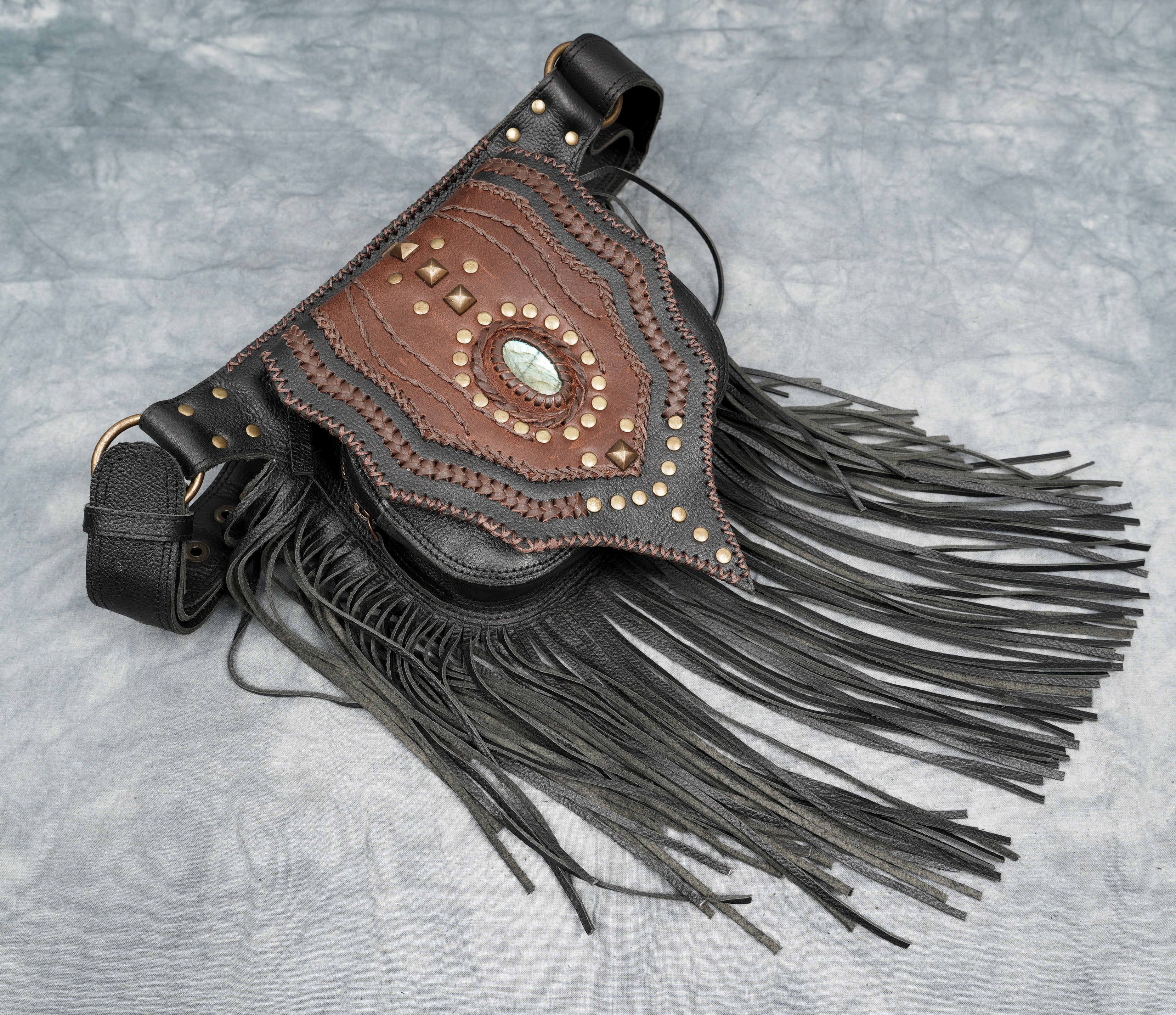 Leather Waist Belt with Frills and Labradorite Gemstone 50% Off worldwide free shipping