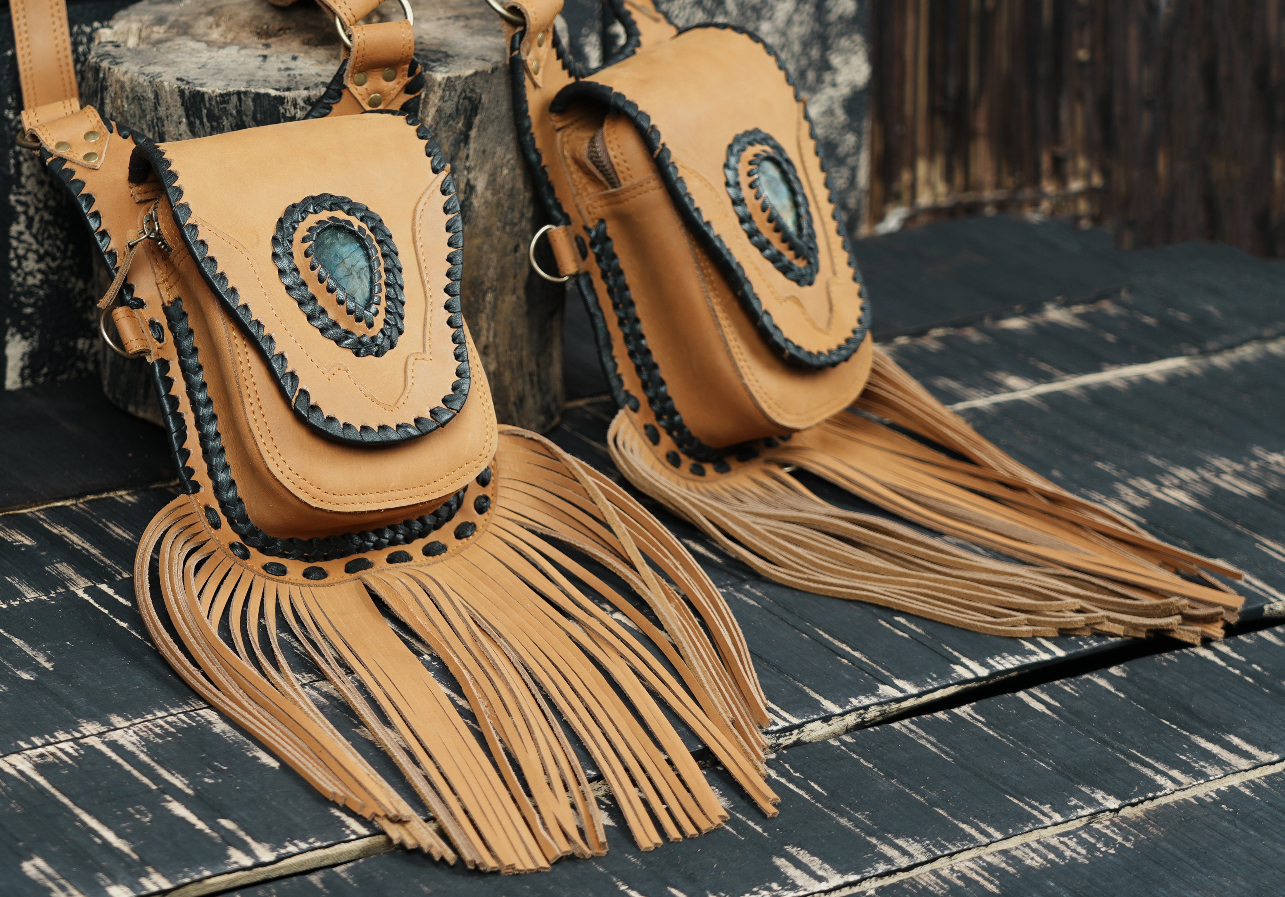 Bohemian leather holster accessory with dual hanging fringe