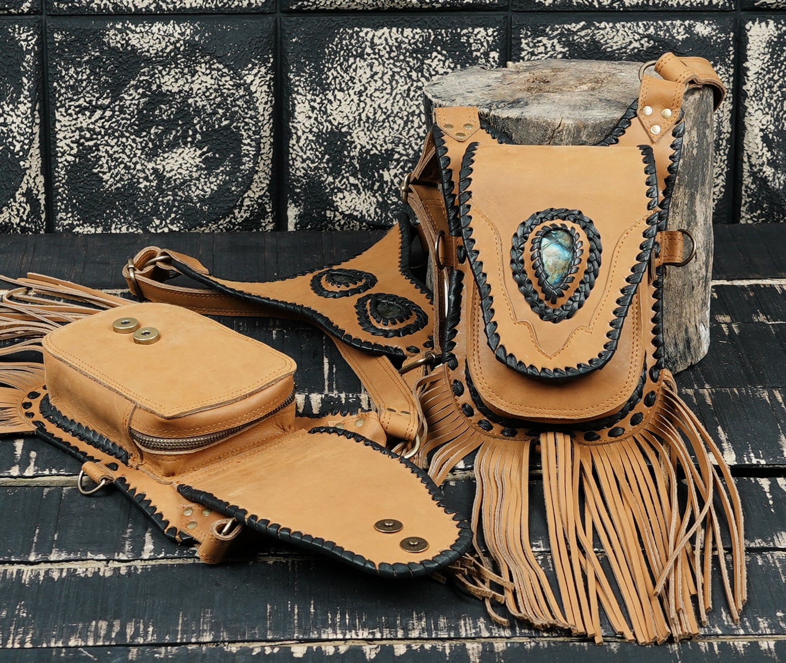 Leather crossbody holster with fringe tassels and stone design