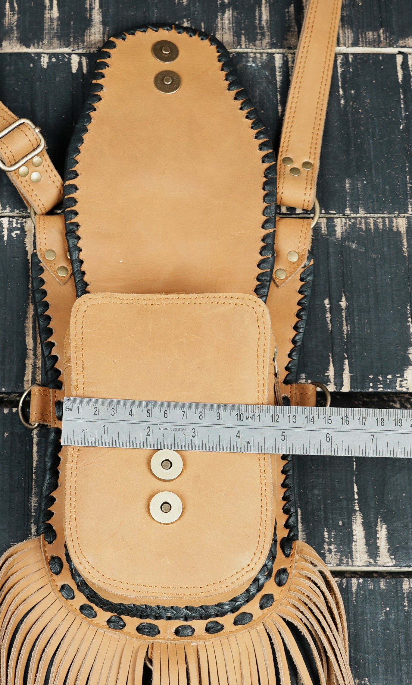 Handmade leather holster harness with secure front flap pouch