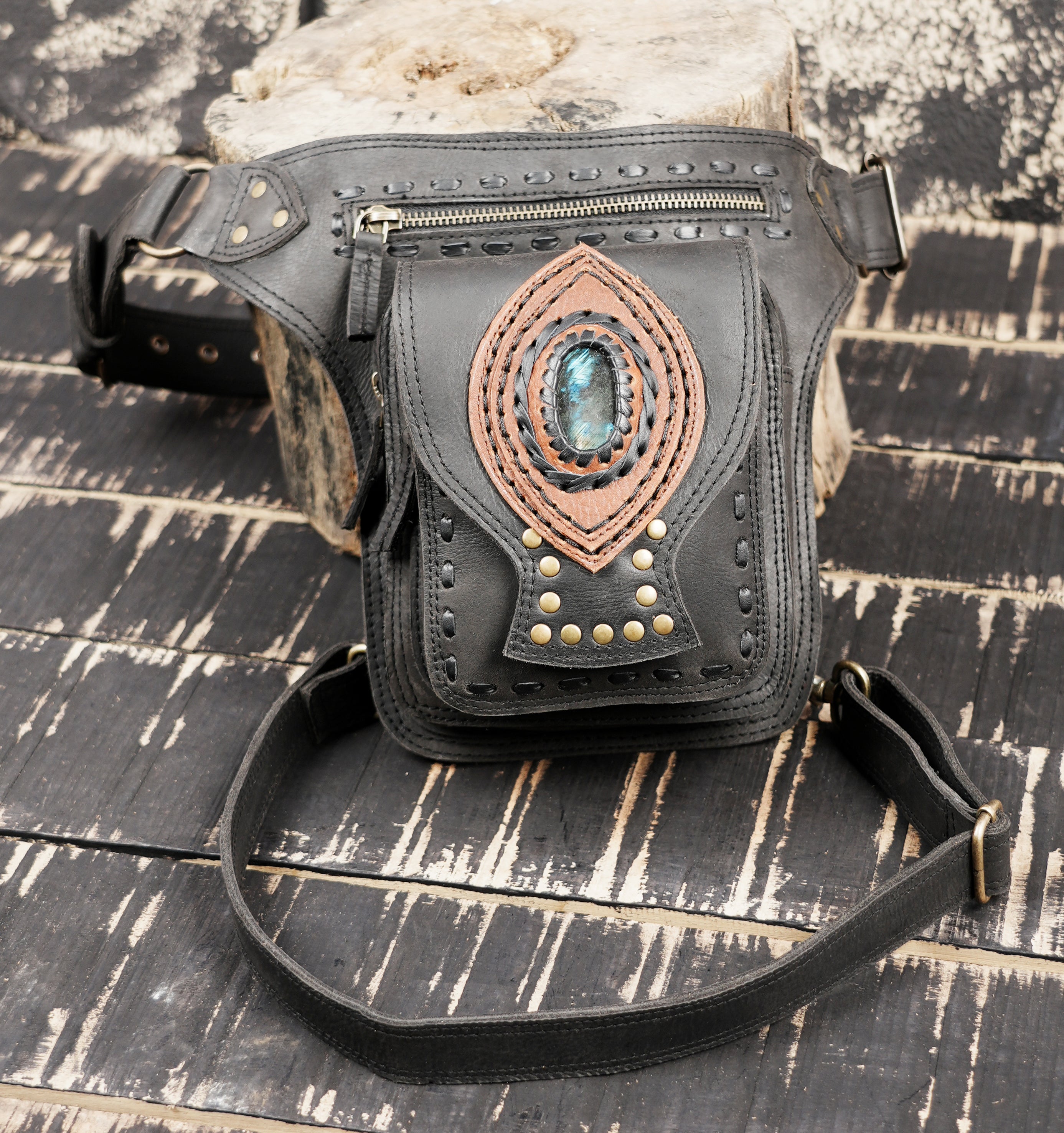 Tribal style leather thigh belt with stone accent and stitching