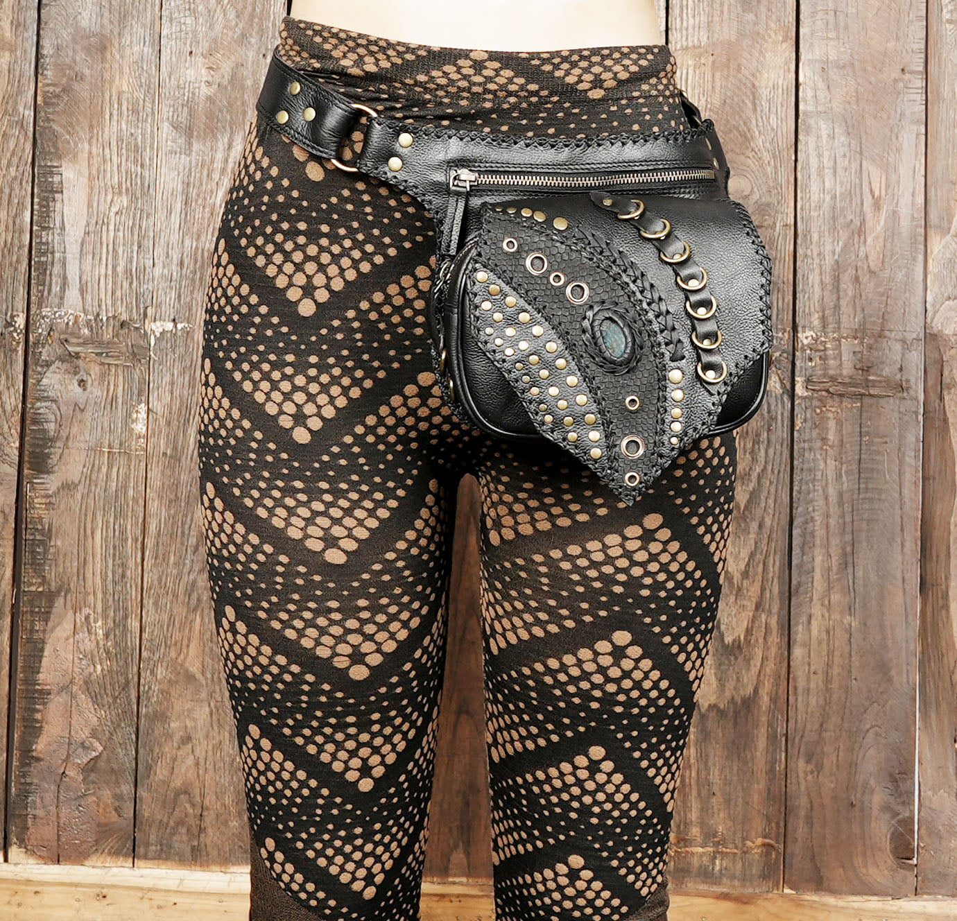 Hand stitched leather waist belt bag with organizer pockets