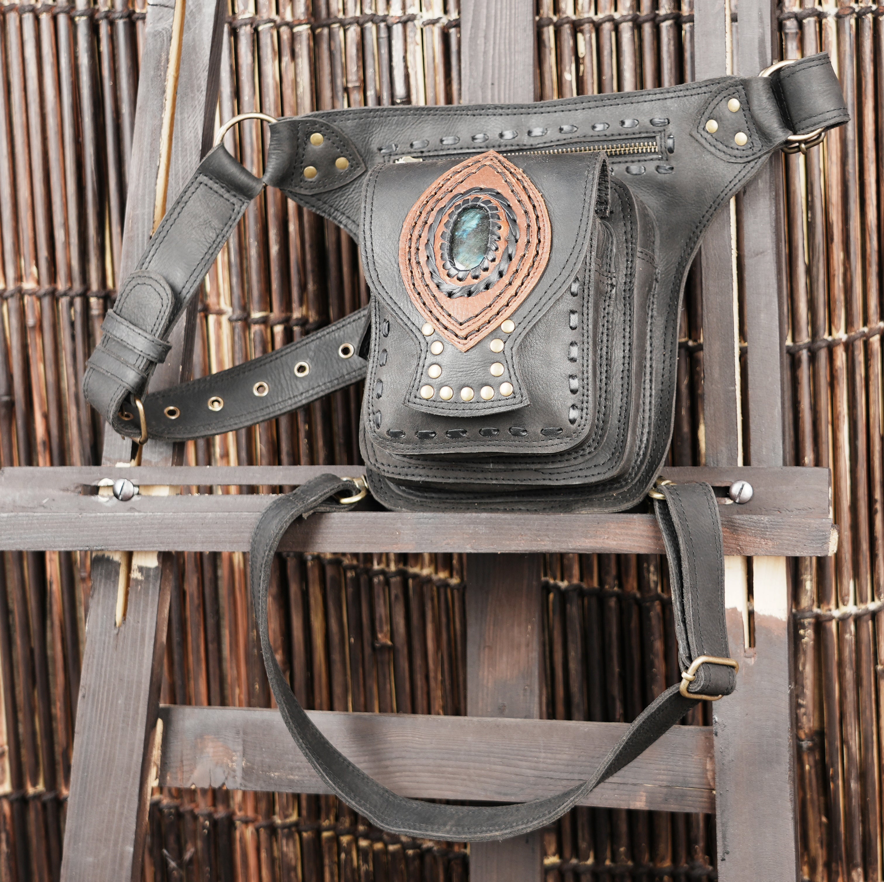 Leather waist thigh belt with adjustable buckle straps