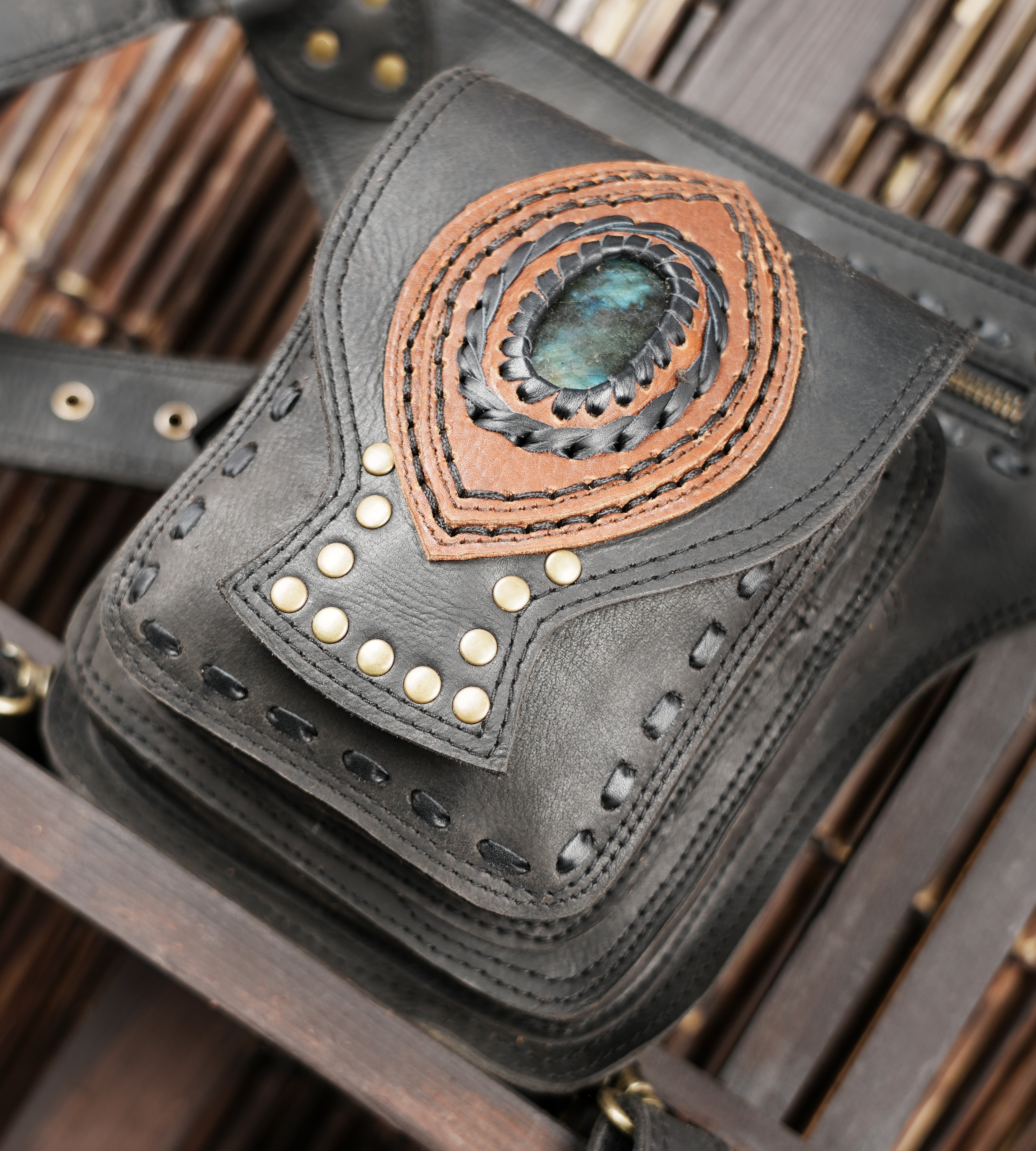 Gothic style leather thigh belt with stone detailing