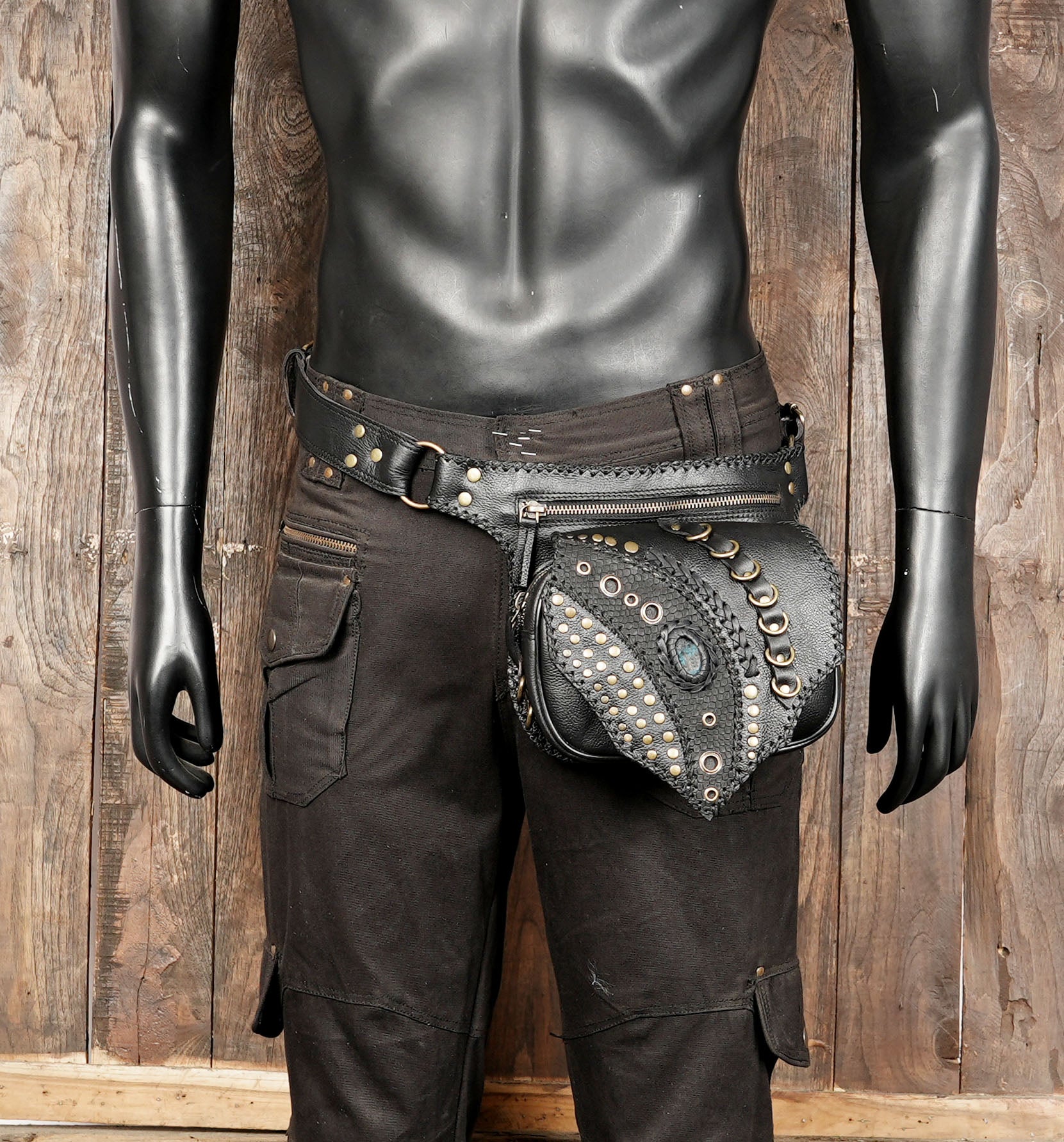 Artisan leather waist belt bag with handcrafted detailing