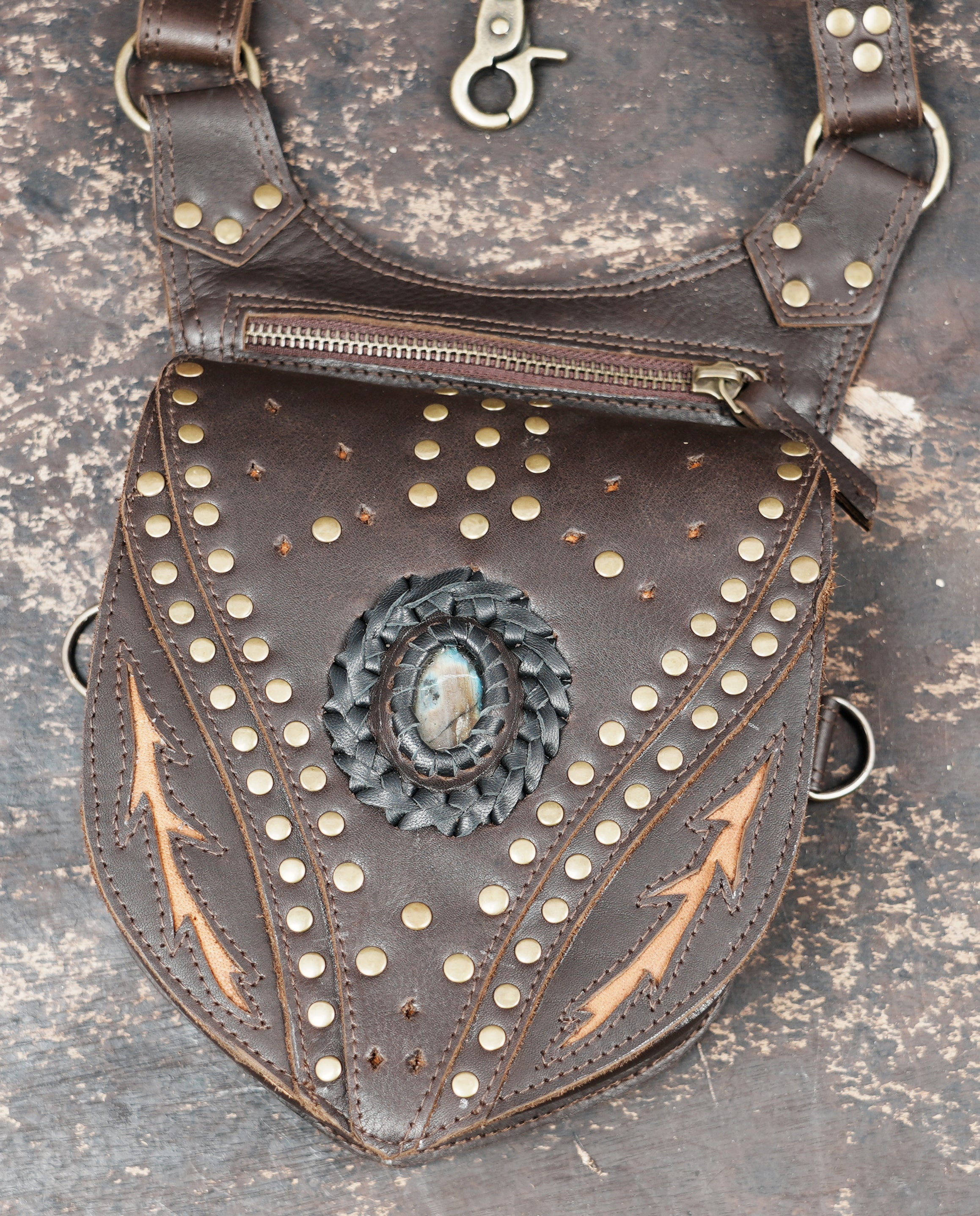 Genuine leather shoulder holster bag with stud detailing and gemstone