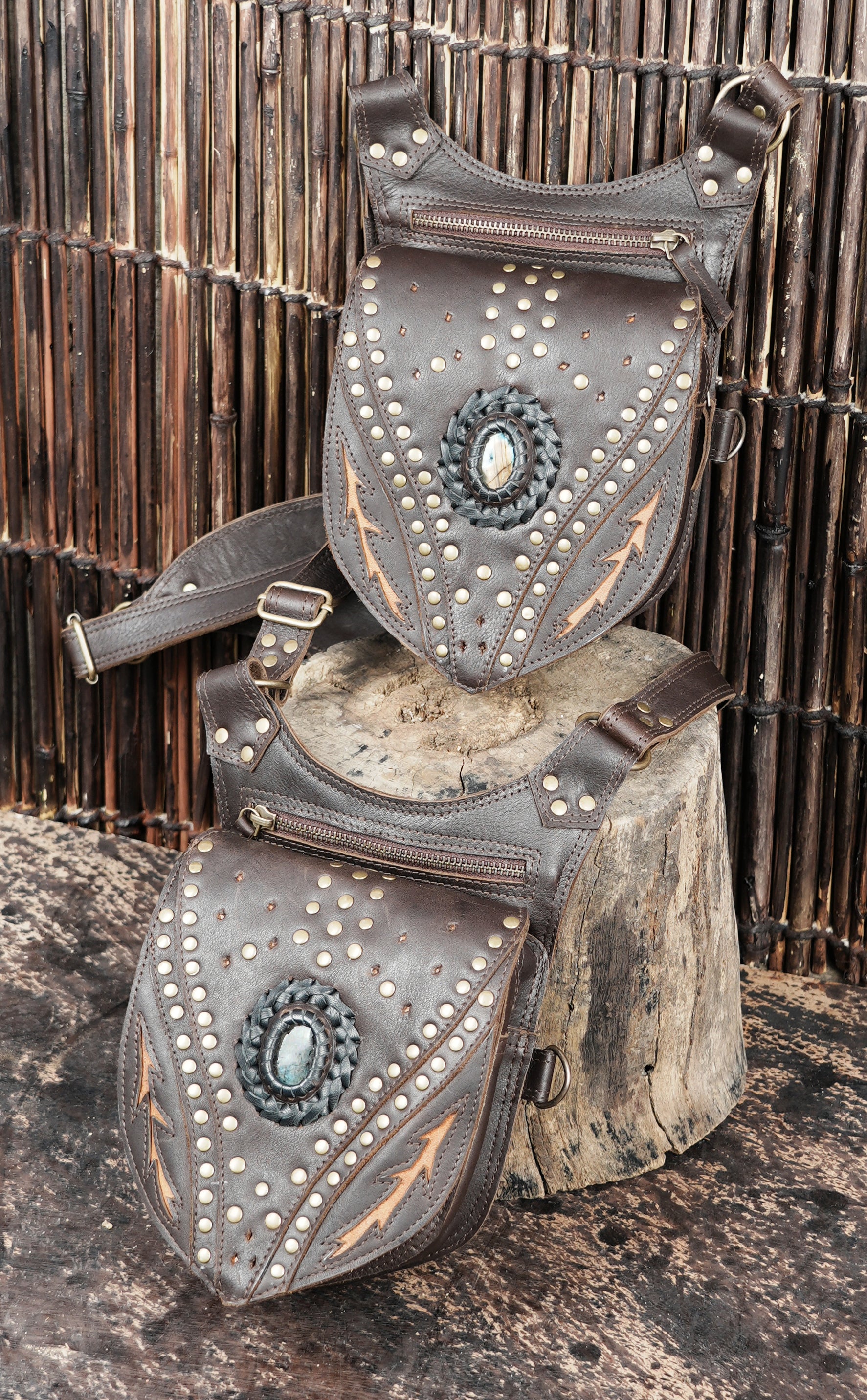 Leather utility holster bag with dual front zip pockets