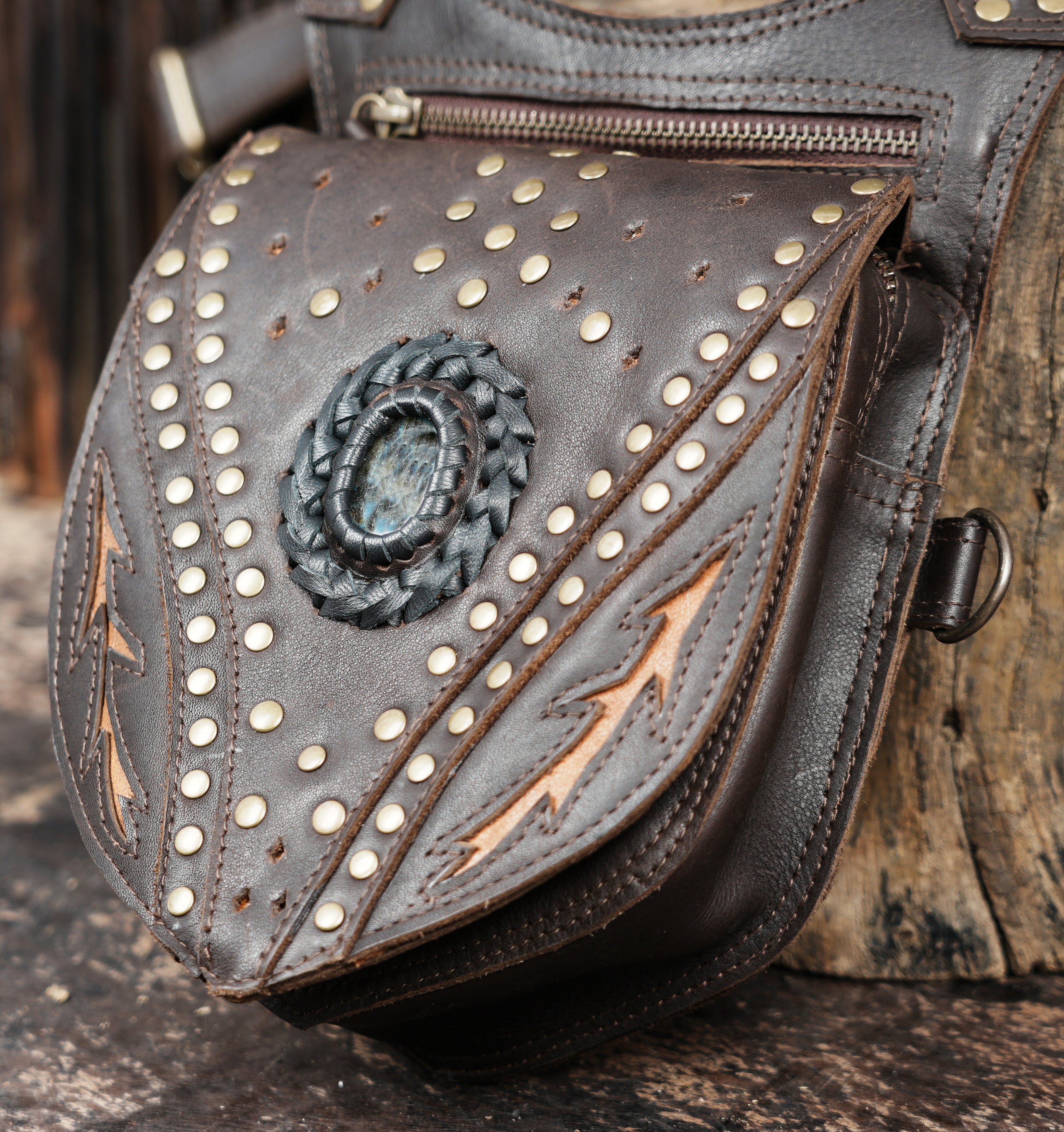 Boho leather holster harness with adjustable straps and front pockets