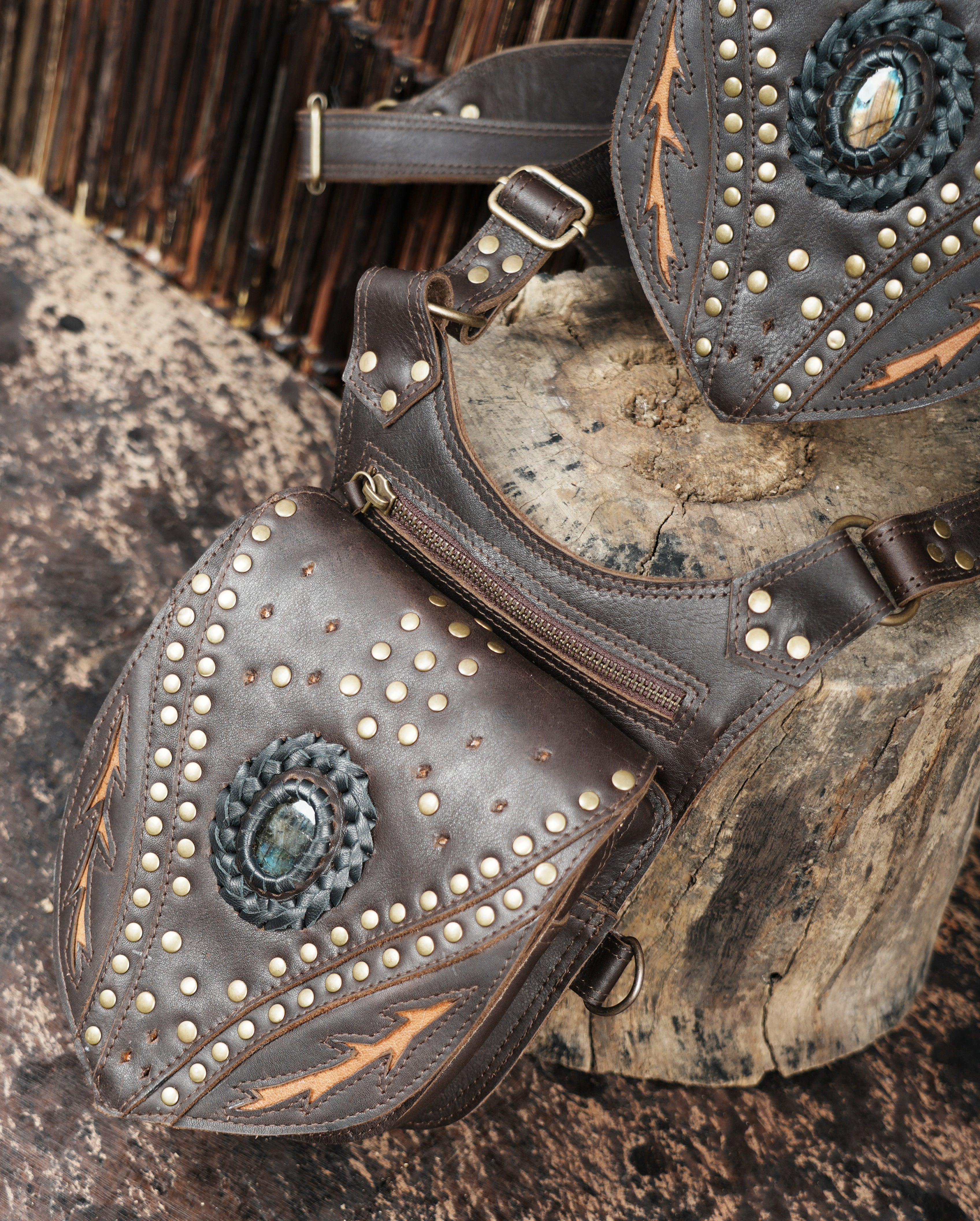 Festival leather shoulder holster with rivets and stone accent