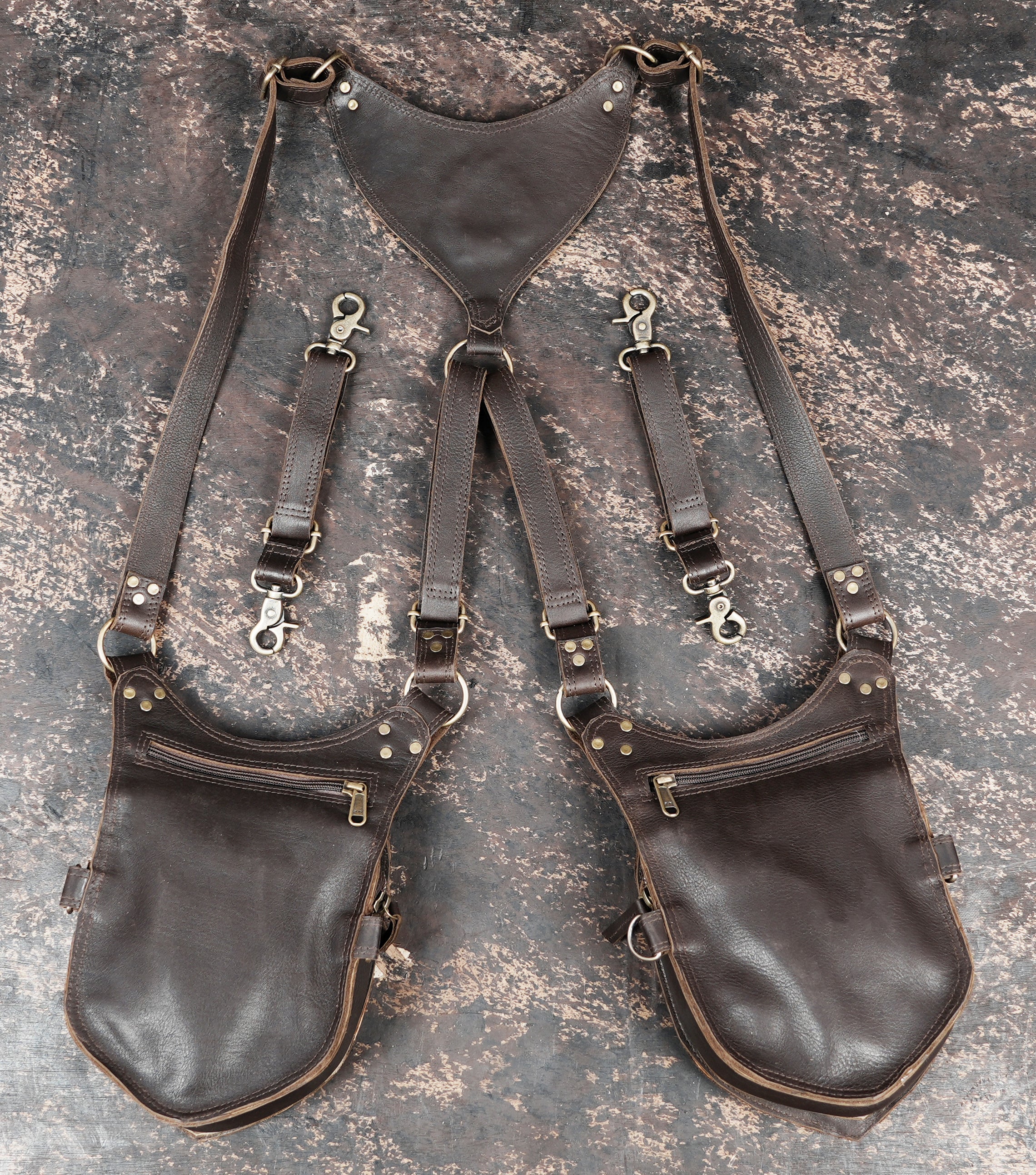 Leather shoulder holster bag with stone inlay and tribal design