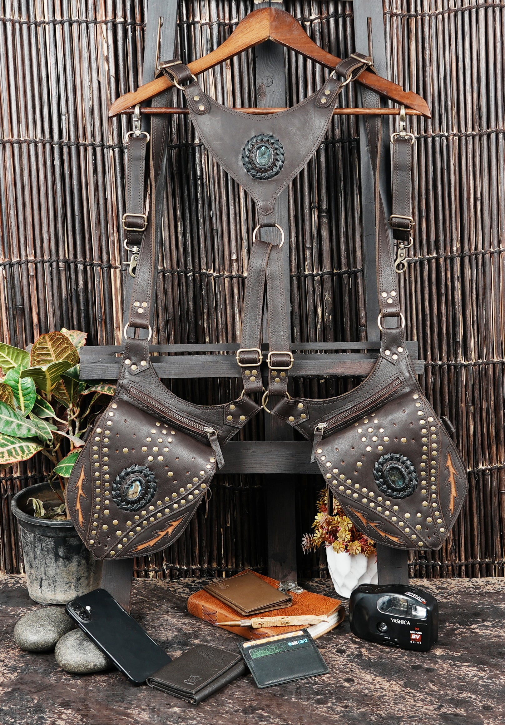 Steampunk inspired leather shoulder holster with stud work