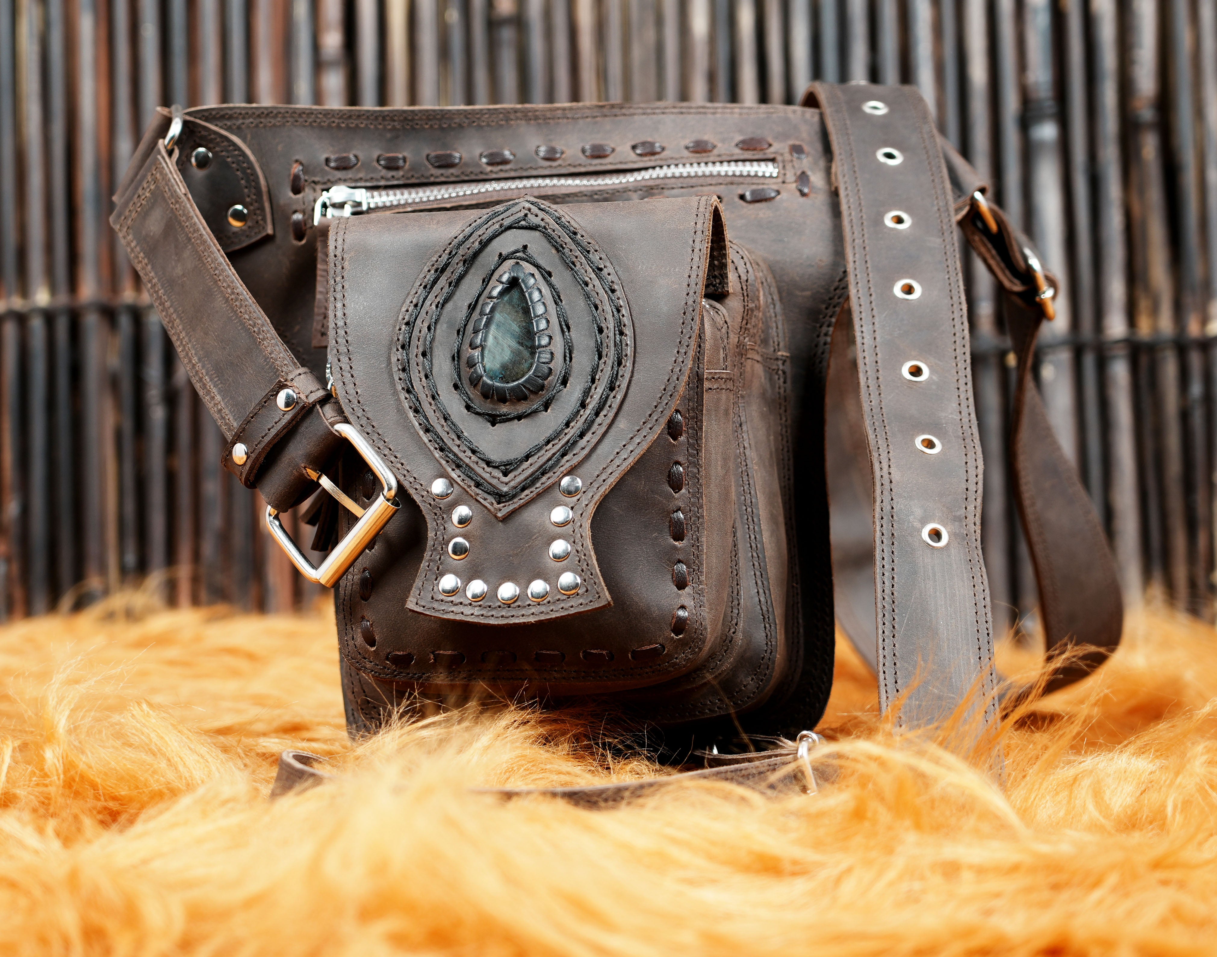 Leather thigh belt pouch with adjustable waist strap