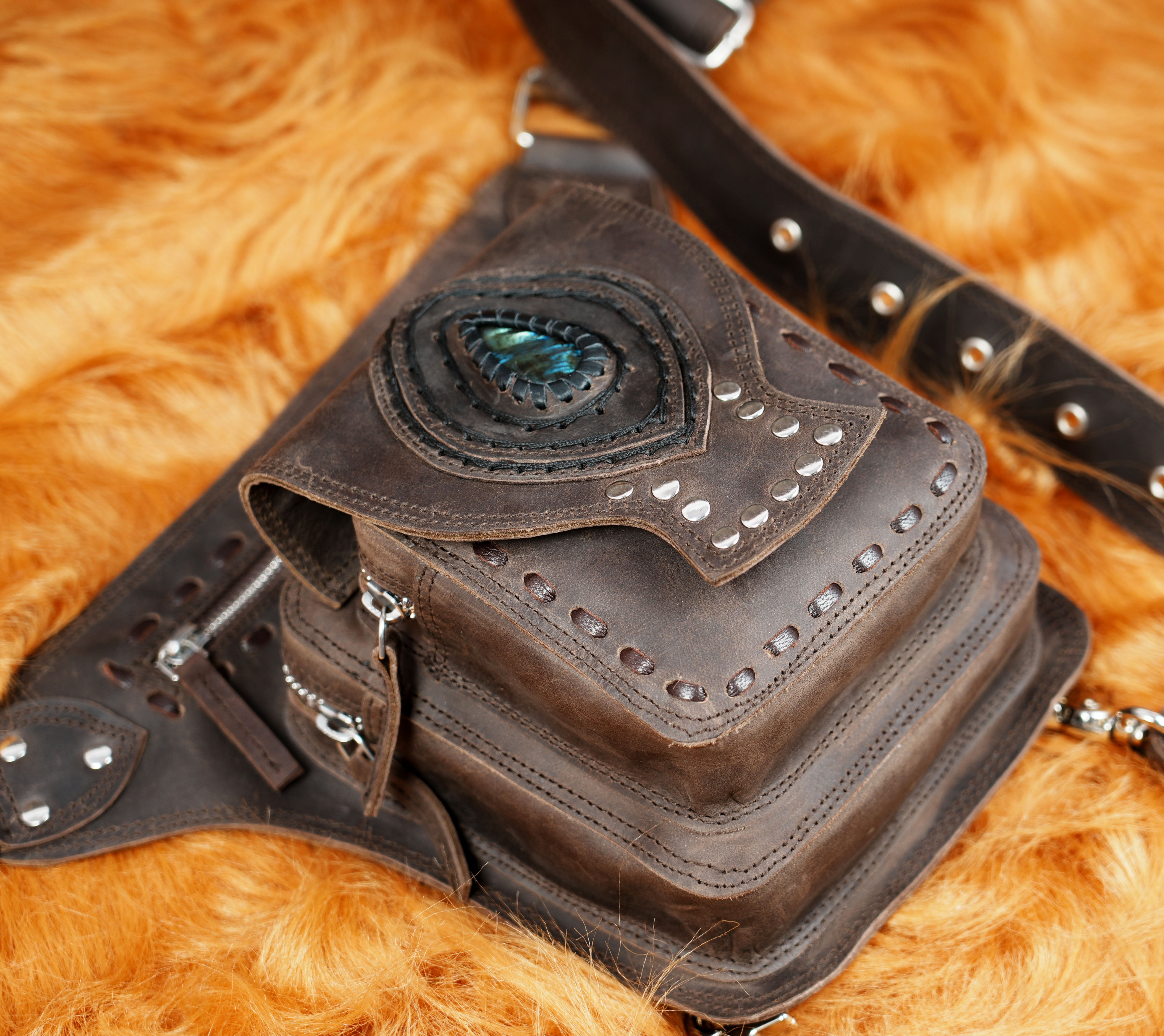 Festival ready leather waist thigh belt with rugged finish