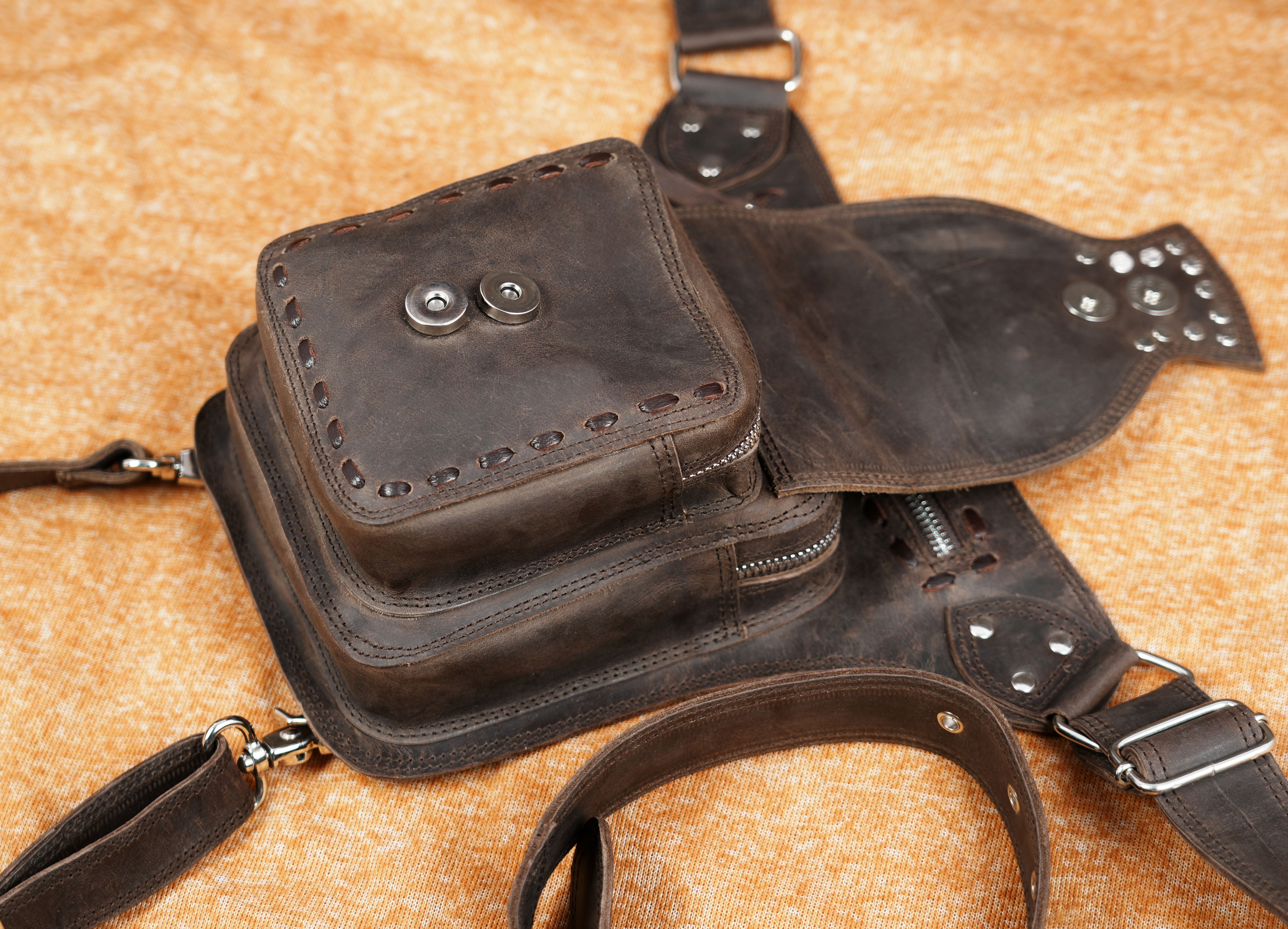 Leather thigh belt pouch with adjustable waist strap