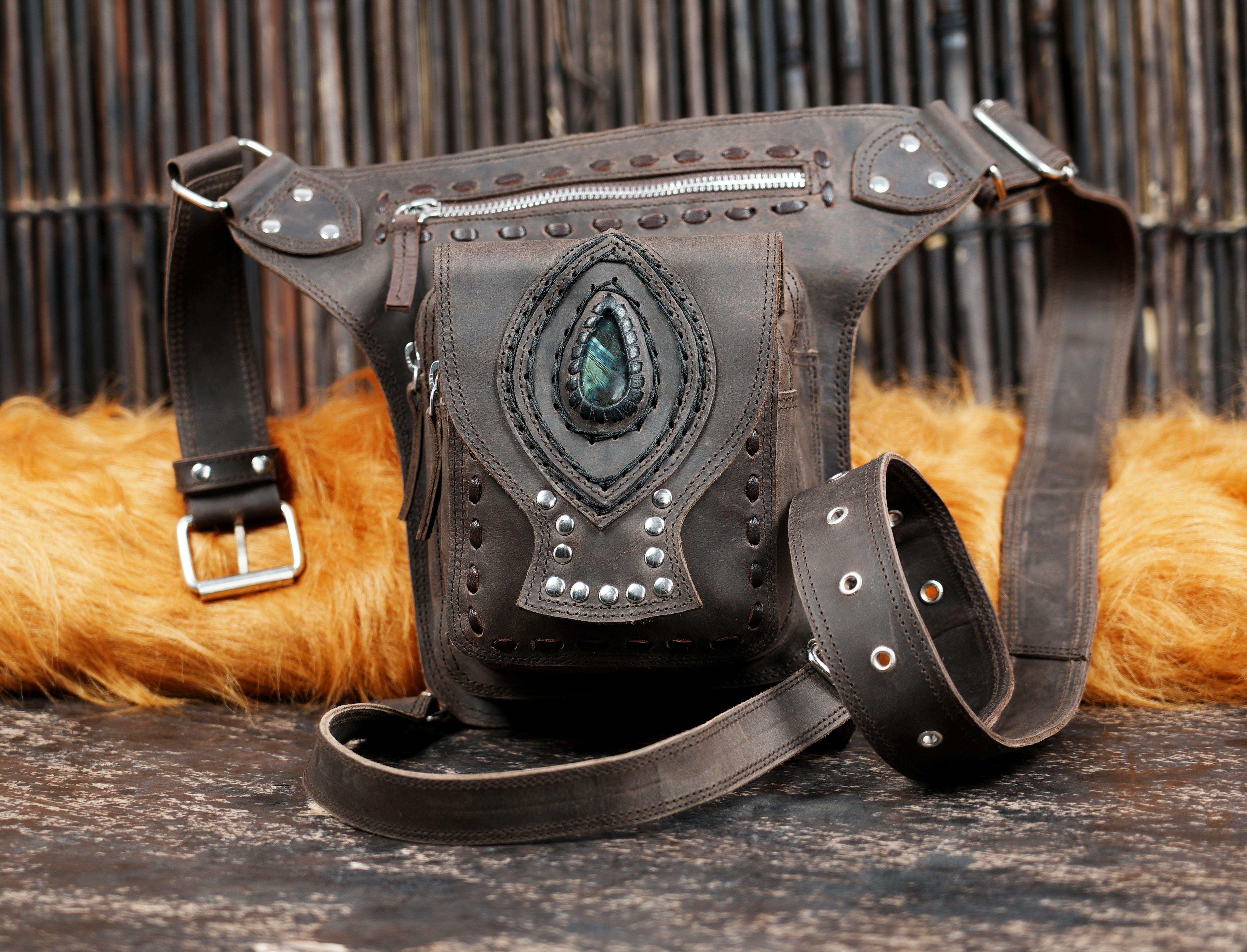 Leather waist thigh harness bag with adjustable leg strap