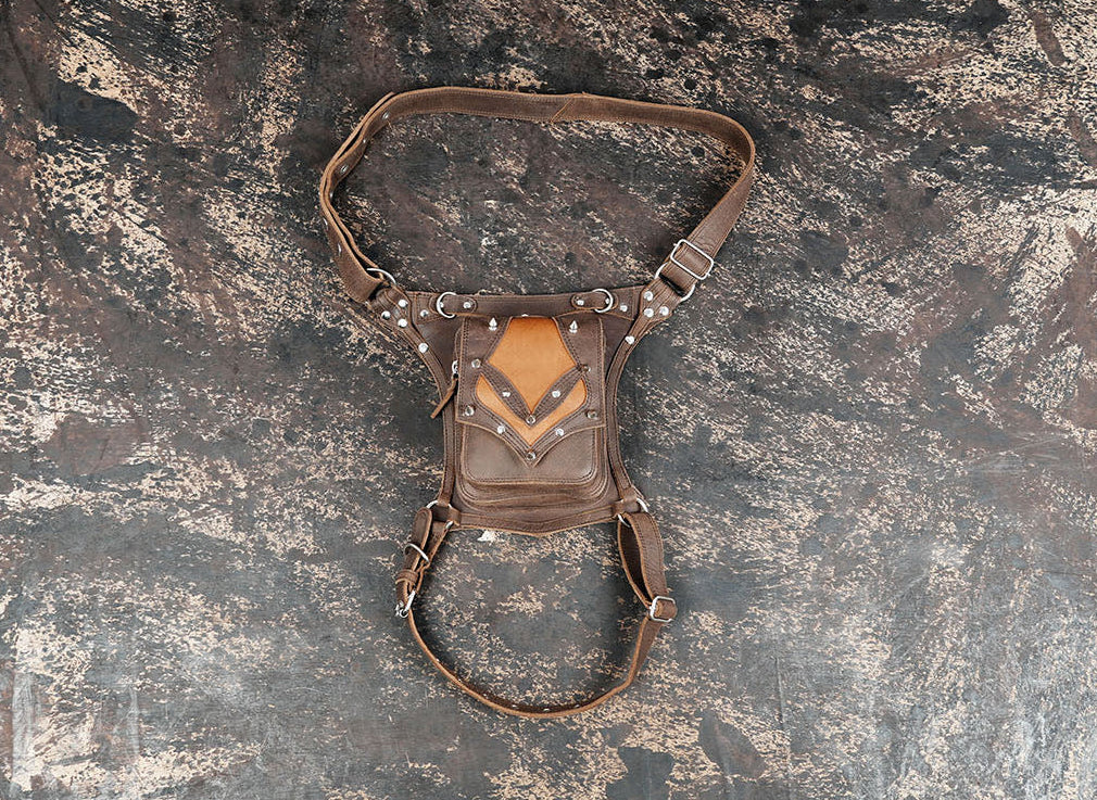 Handcrafted brown leather waist thigh belt with adjustable straps