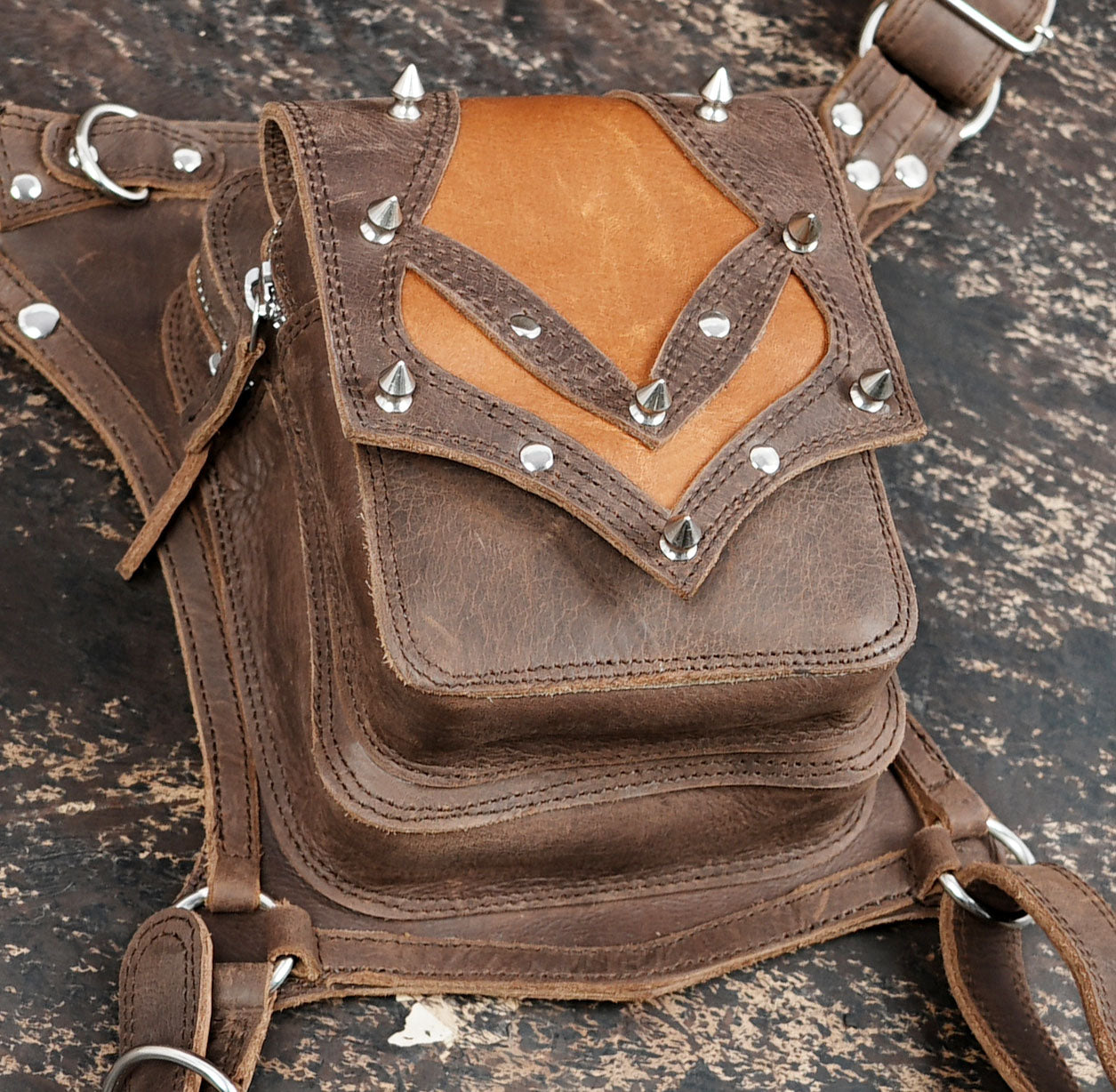 Genuine leather thigh belt bag with rivet and stud detailing