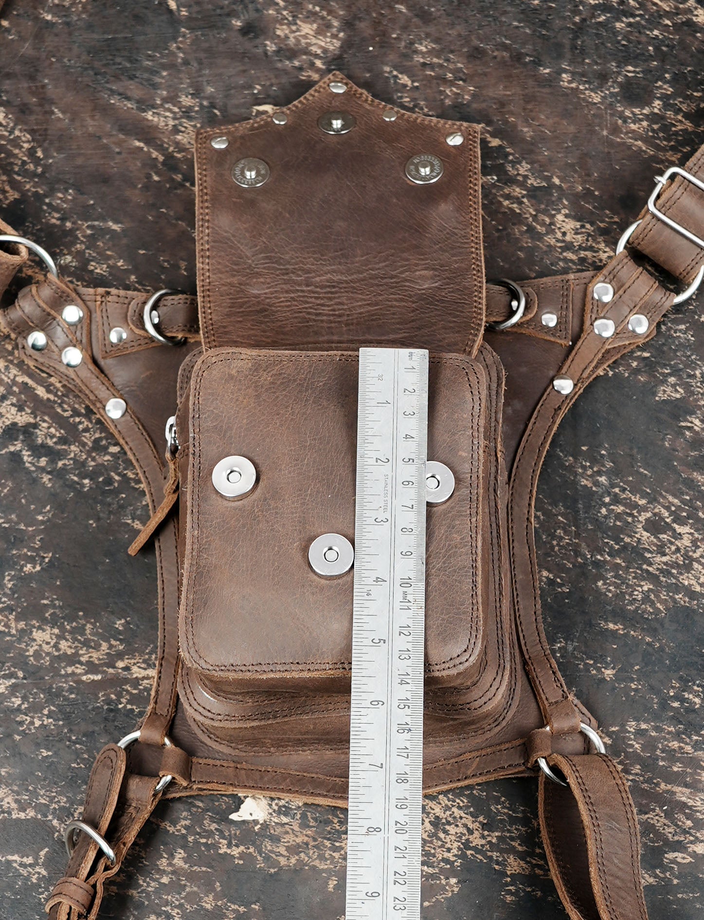 Brown leather waist thigh holster with secure front pouch