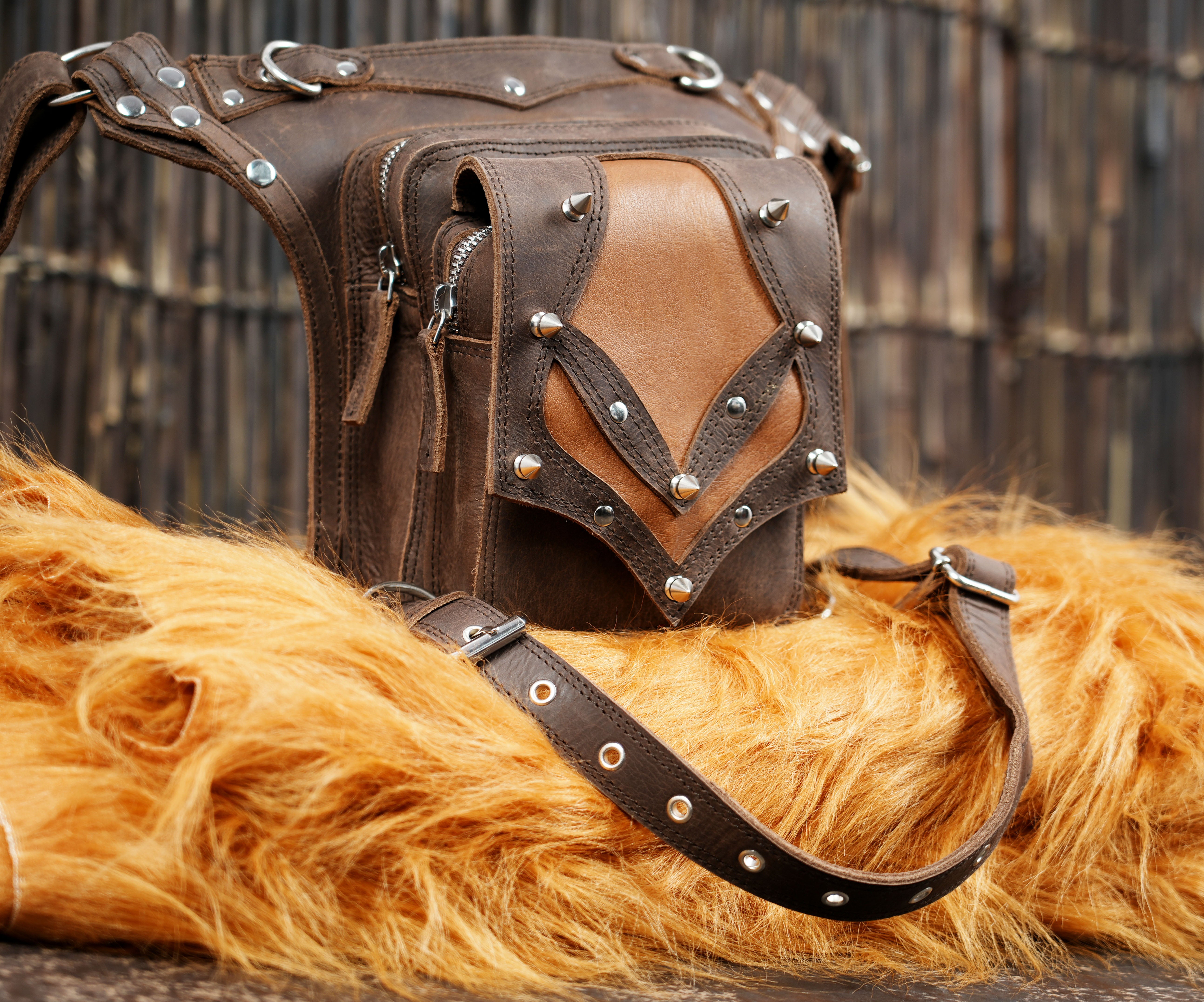 Festival ready leather waist thigh belt with rugged finish