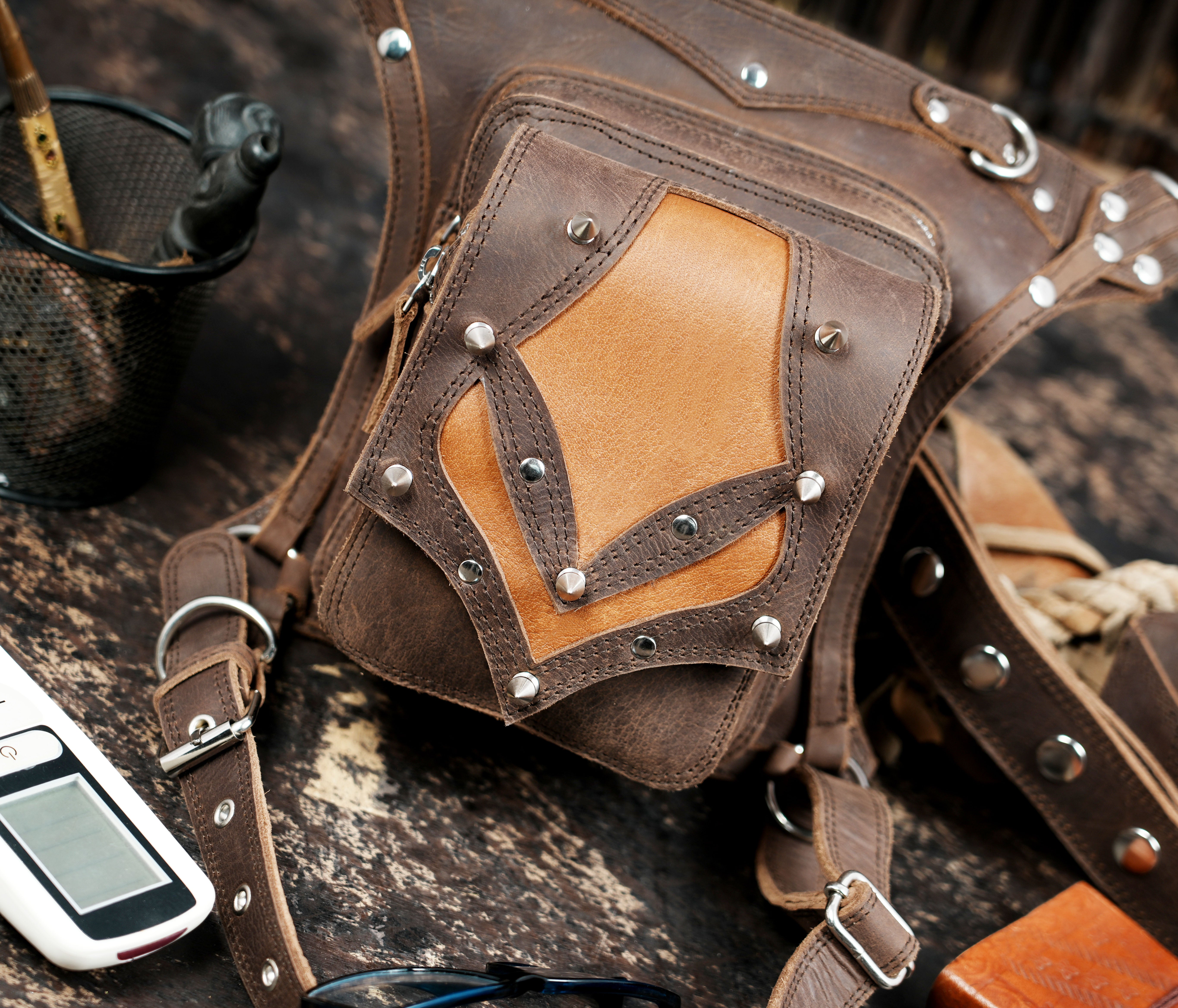 Gothic tribal leather thigh belt with front utility pocket