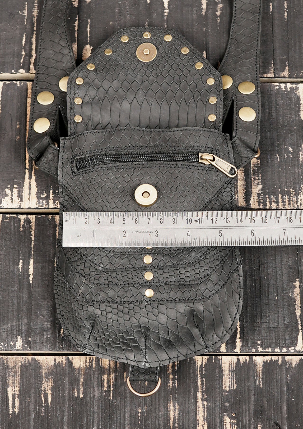 Gothic leather harness holster with dual storage pouches and rivet work