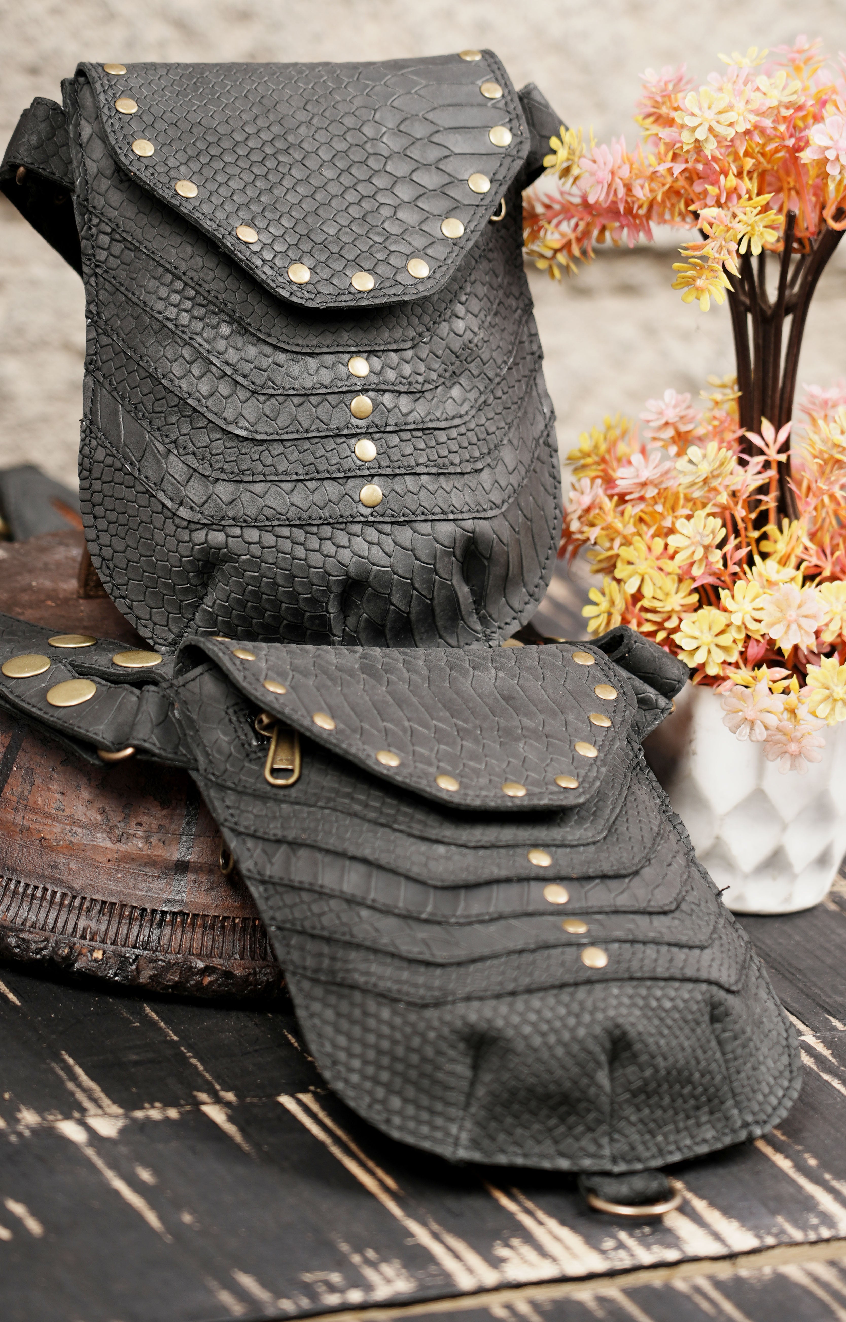 Steampunk style leather shoulder holster with dual utility pockets