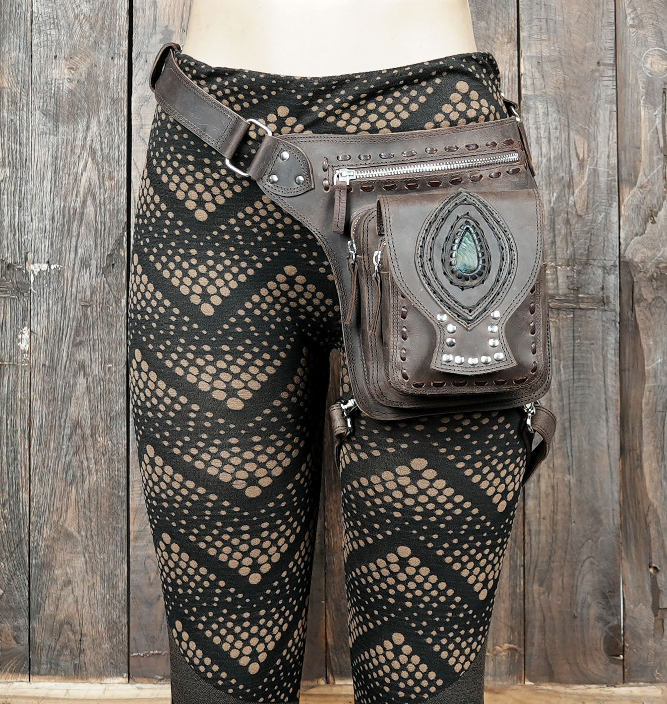Gothic tribal leather thigh belt with front zipper pocket