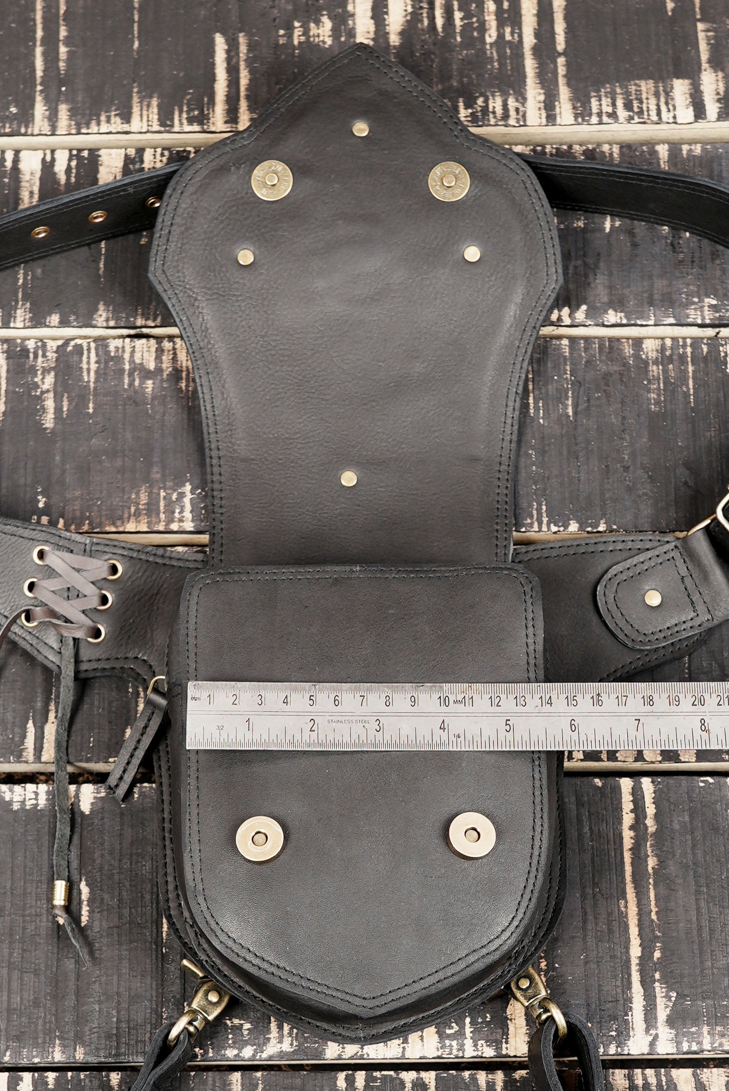 Steampunk style leather thigh holster belt with front pouch