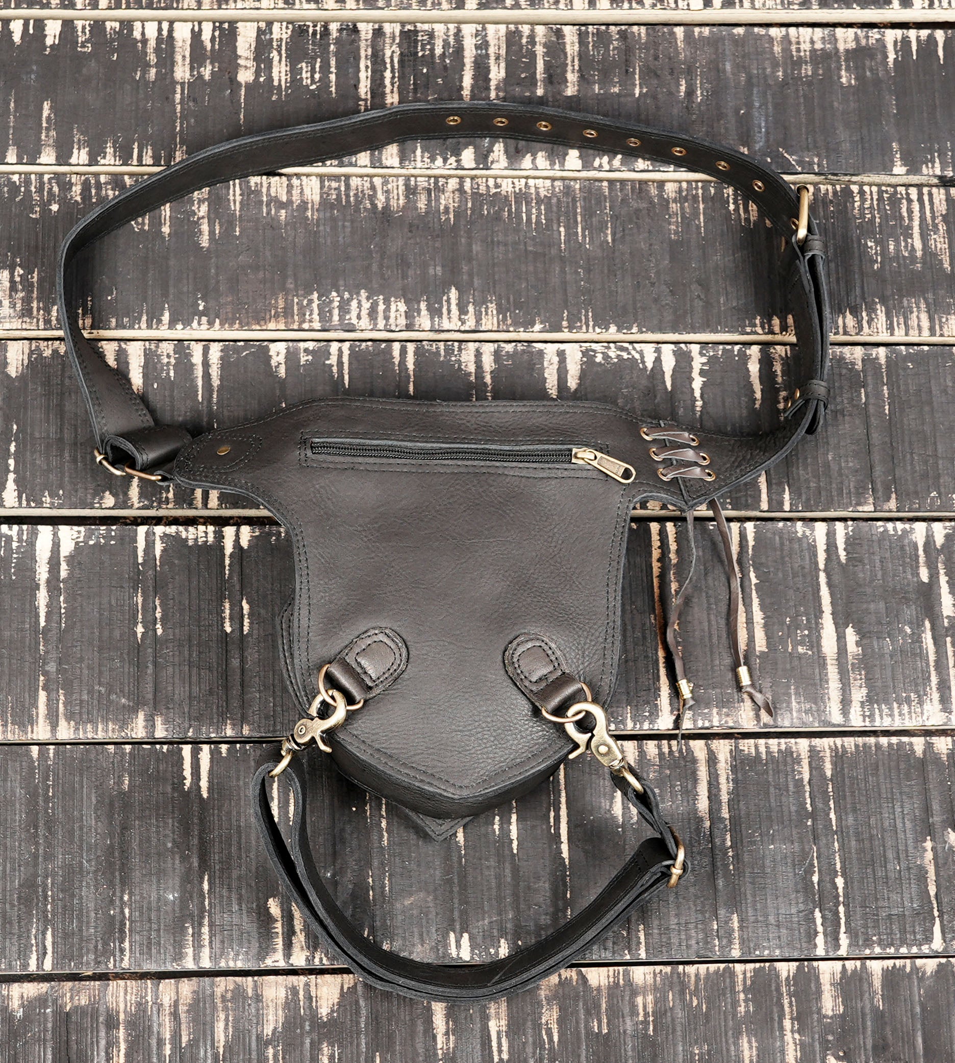 Black leather thigh belt bag for festivals and travel