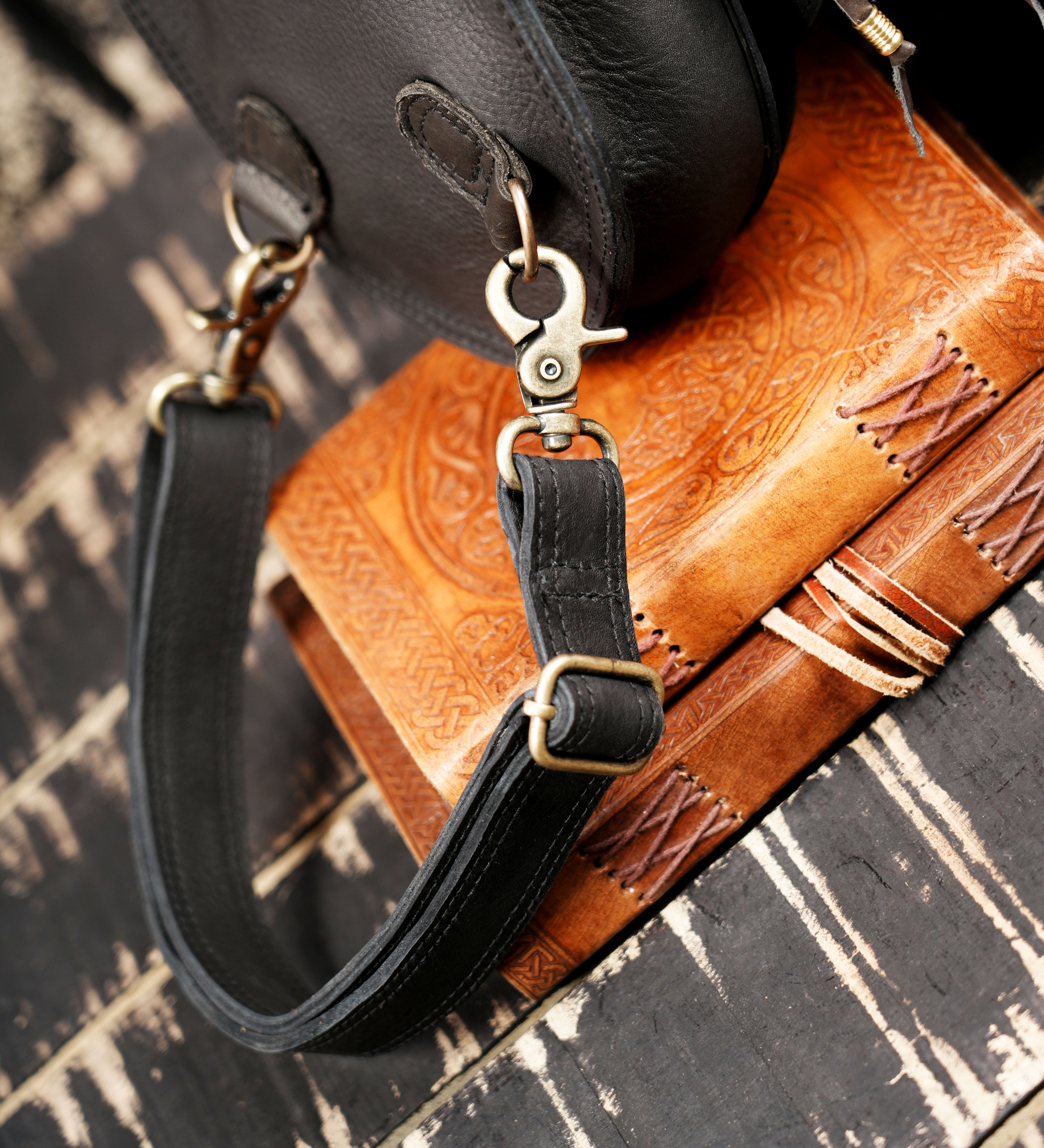 Artisan made leather thigh belt with decorative stone detail