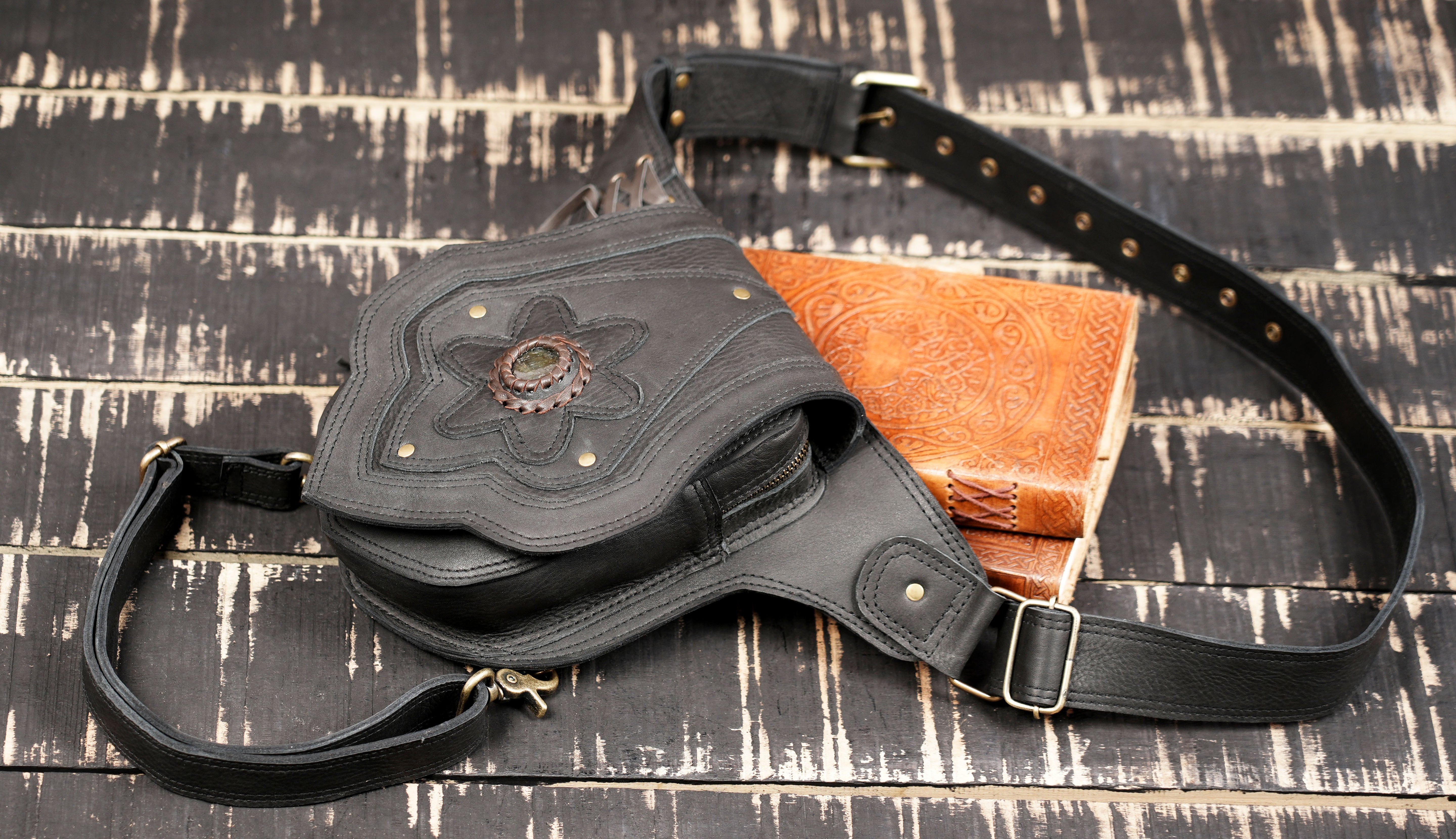 Festival ready leather waist thigh belt with utility pouch