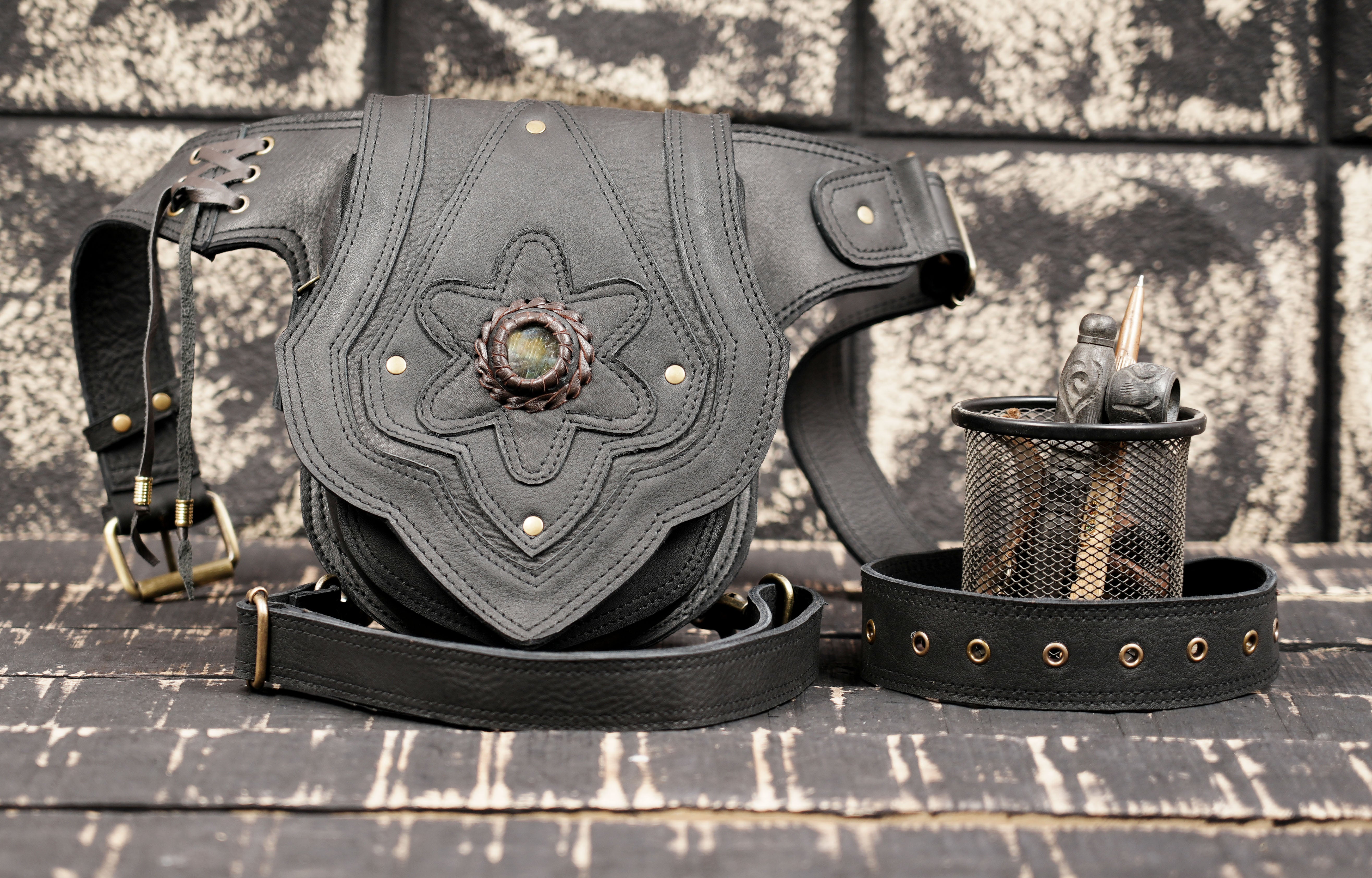 Steampunk gothic leather waist thigh belt with metal accents