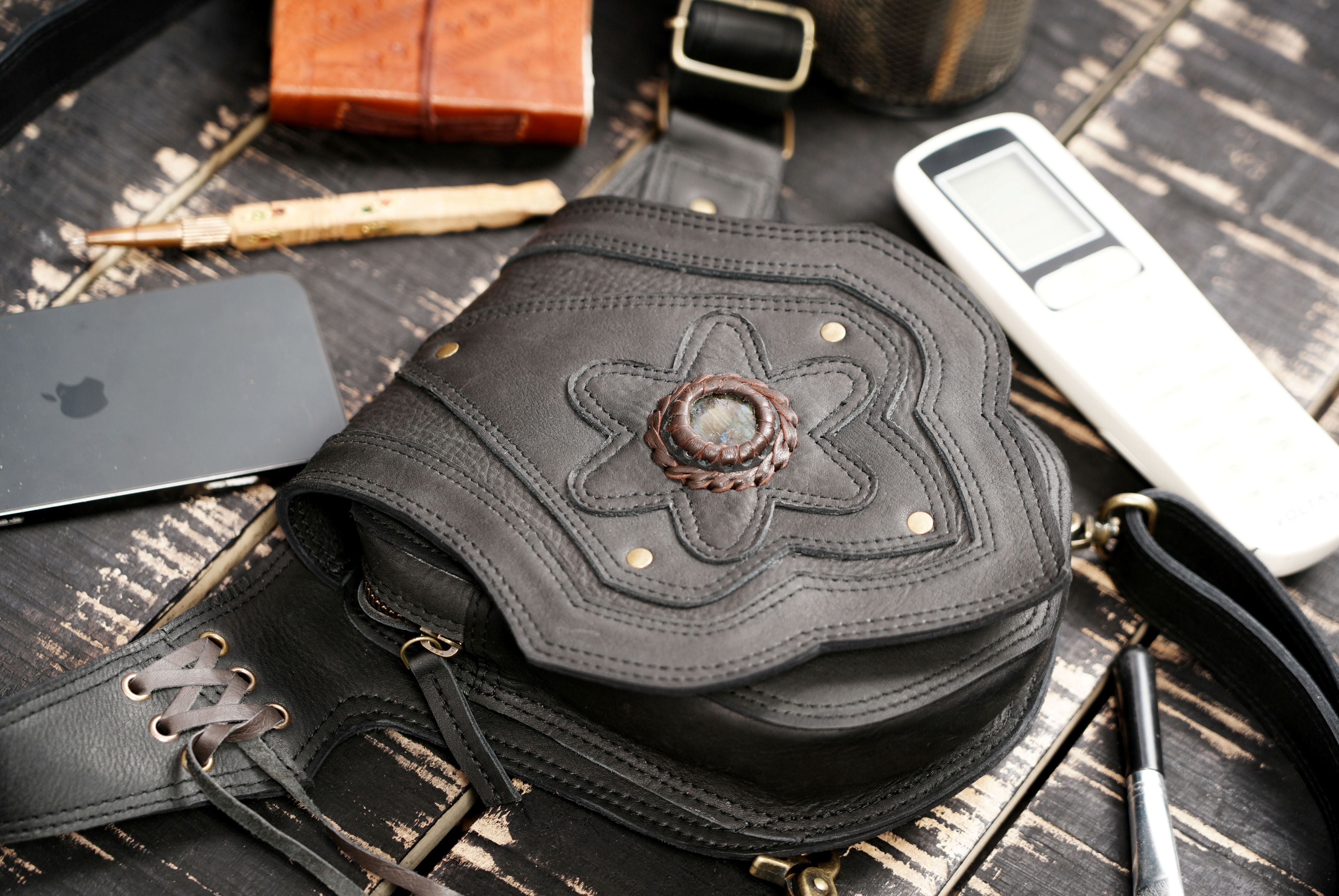 Biker style leather waist thigh belt with rugged finish