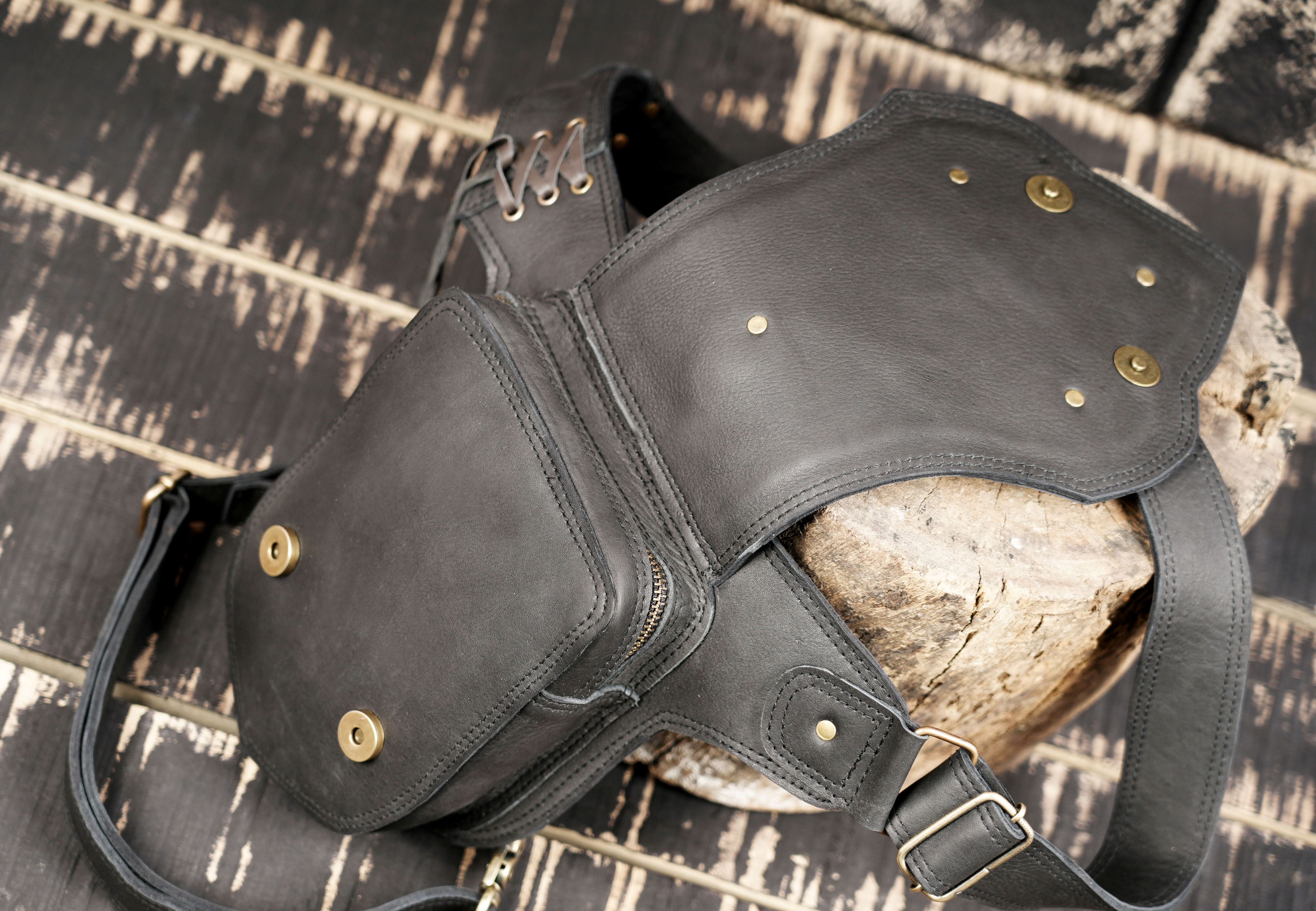 Cross strap leather thigh belt with front pouch storage