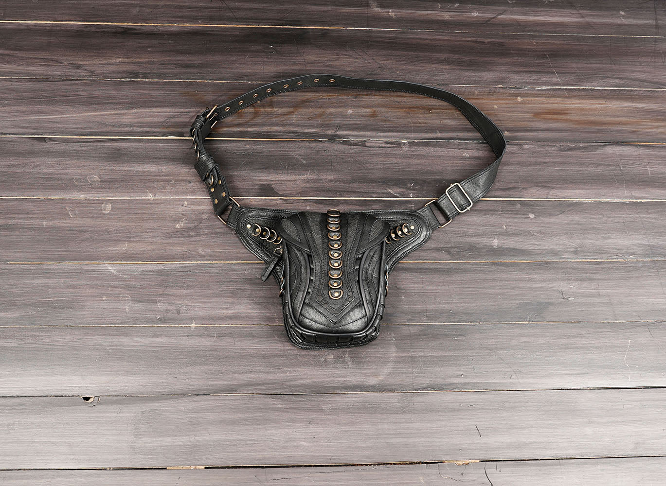 Handmade black leather waist belt with center studded utility pouch