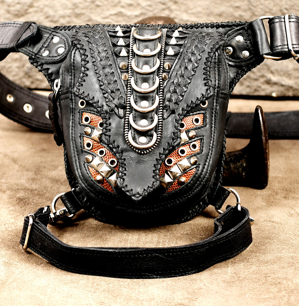 Rock style black leather waist pouch with riveted belt tabs