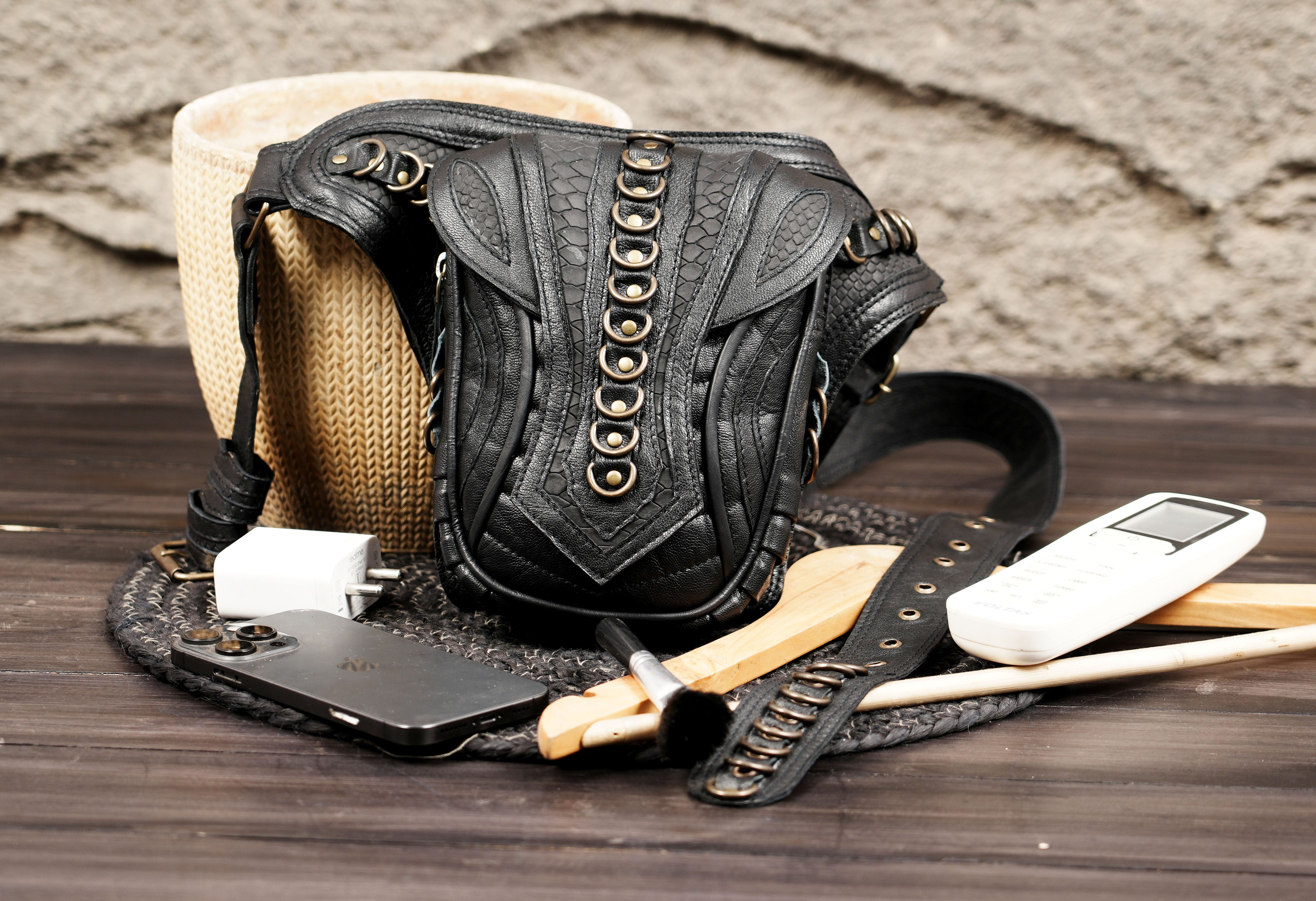 Utility leather waist belt for hands free carrying of essentials